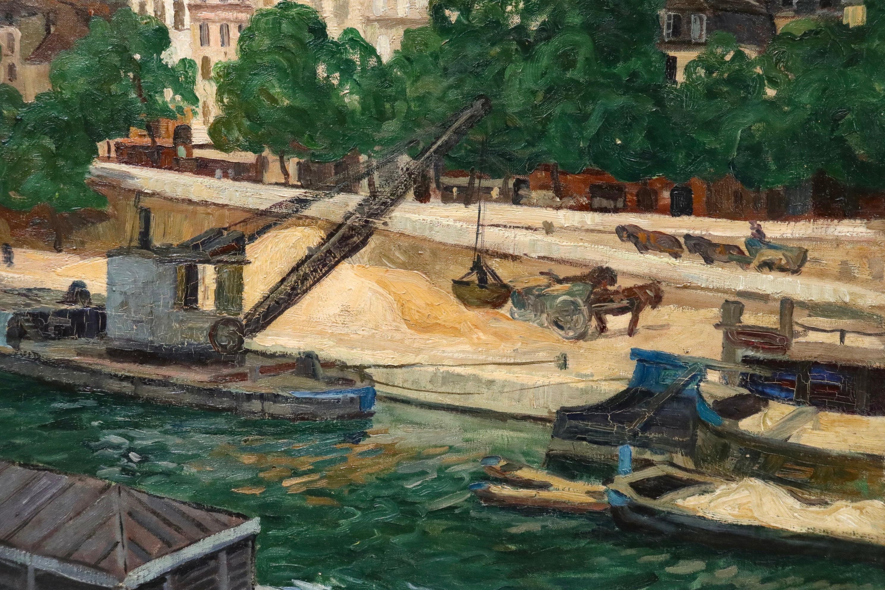 Workers on the Seine - Post Louis-Philippe - River Landscape Oil by G Balande 2