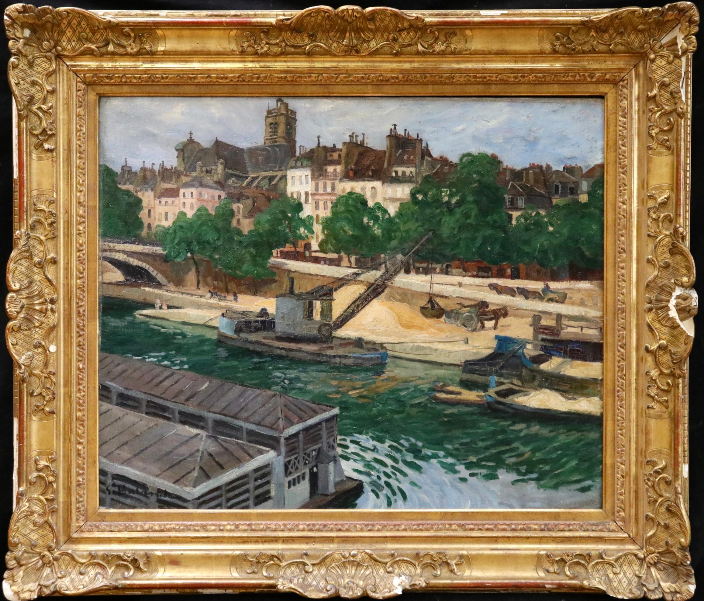 Gaston Balande Landscape Painting - Workers on the Seine - Post Louis-Philippe - River Landscape Oil by G Balande