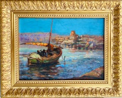 French antique impressionist painting Mediterranean - Sailing Boats Harbour