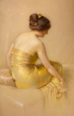 Gaston Bouy « 1866-1935 » une jeune beauté assise portant une robe de soirée en satin