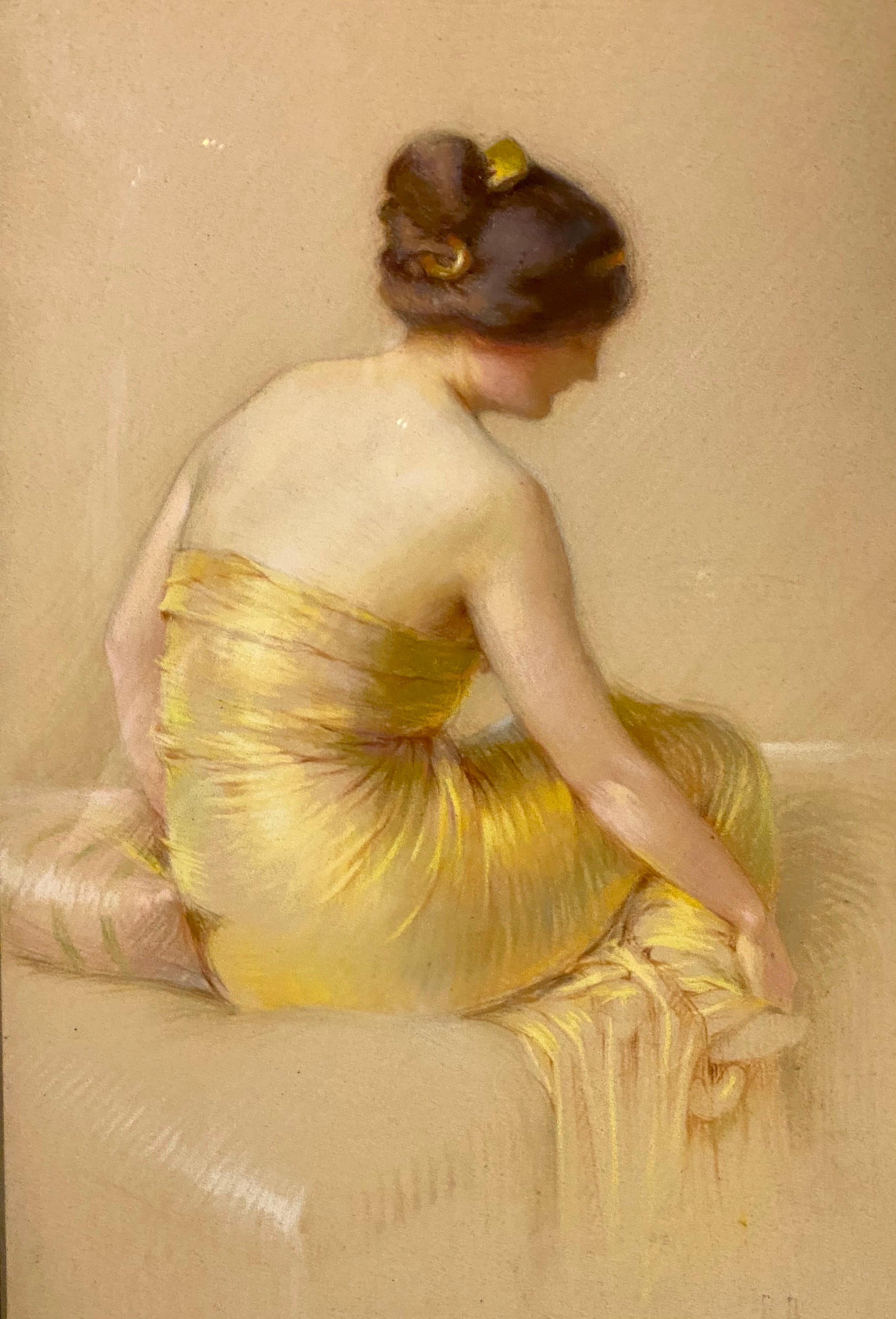 Gaston Bouy '1866-1935' a Young Beauty, Seated, Wearing a Satin Evening Dress For Sale 1