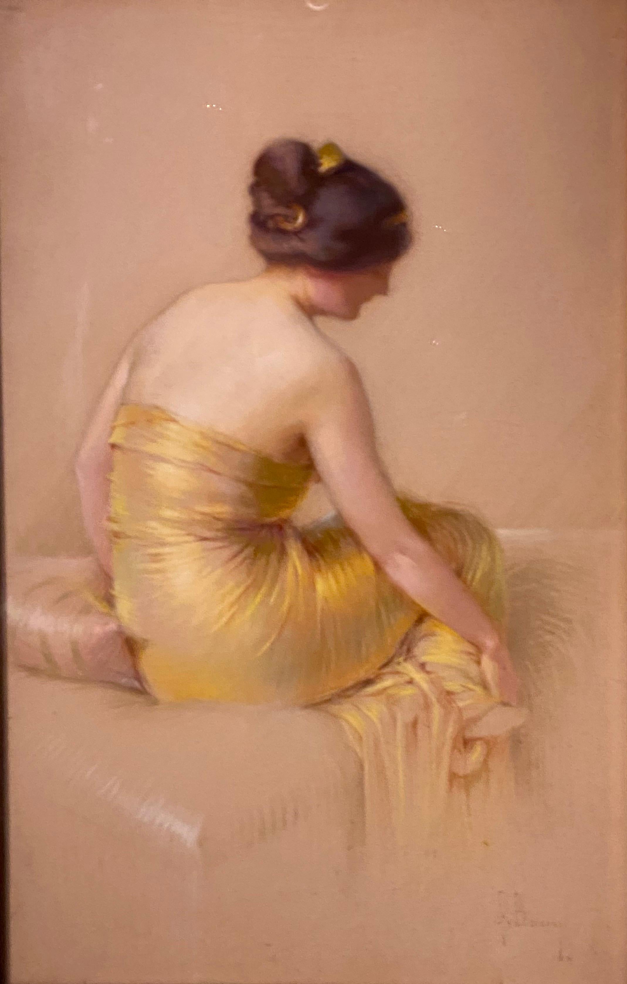 Gaston Bouy '1866-1935' a Young Beauty, Seated, Wearing a Satin Evening Dress For Sale 2