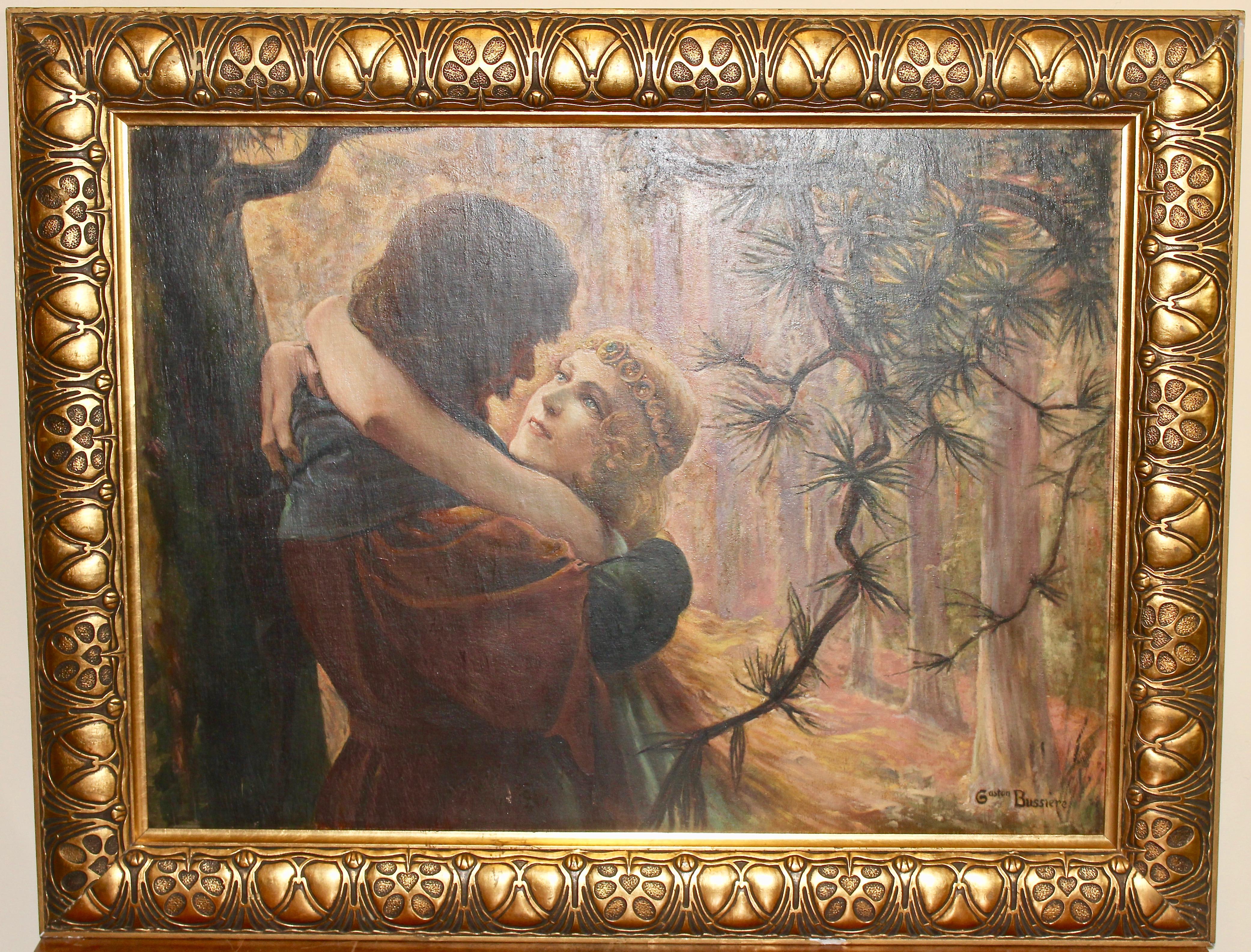 Art-Déco-Gemälde, ca. 1910, Öl auf Karton. Romantische Liebessszene im Wald – Painting von Gaston Bussiere