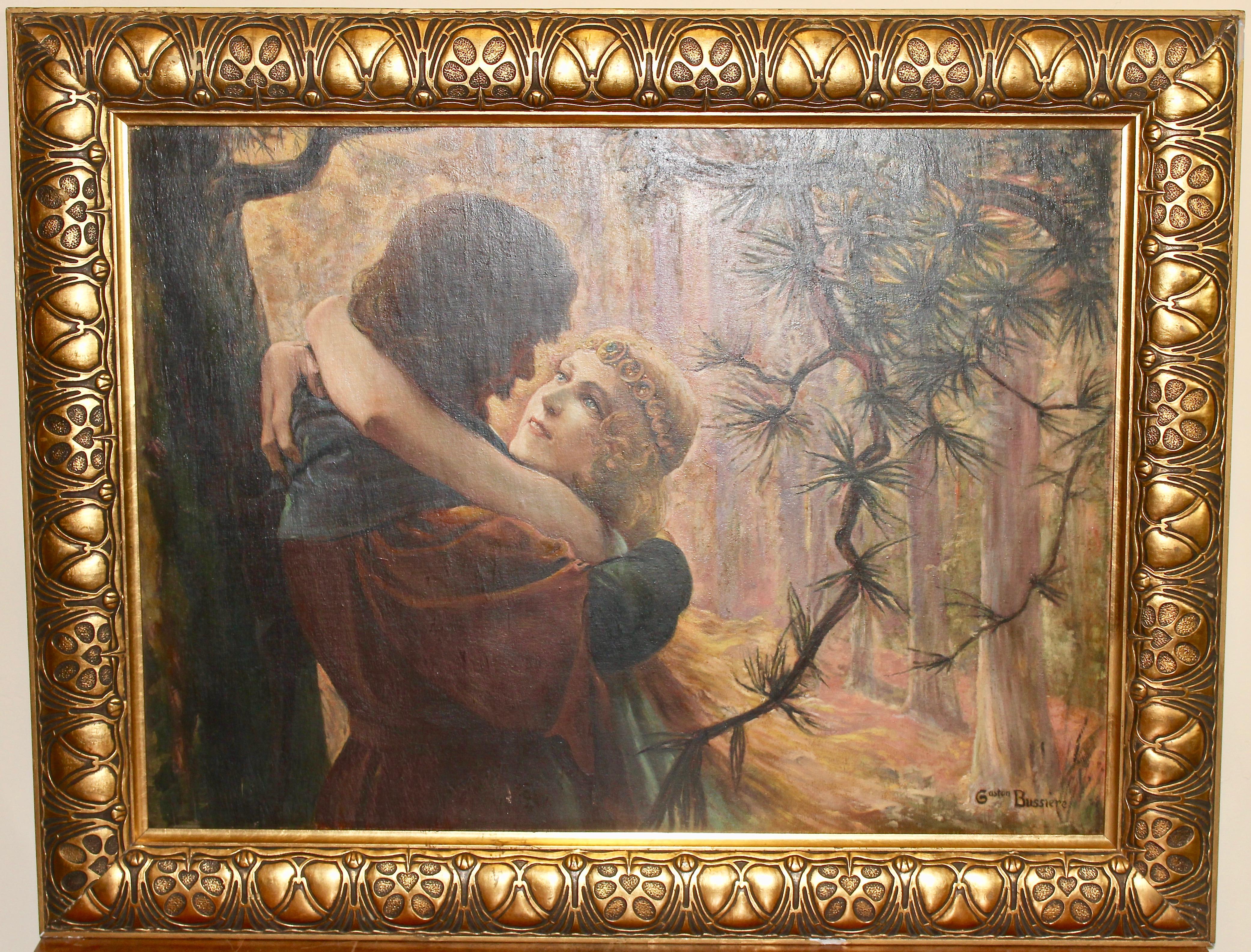 Pintura Art Déco, hacia 1910, óleo sobre cartón. Romántica escena de amor en el bosque - Painting de Gaston Bussiere