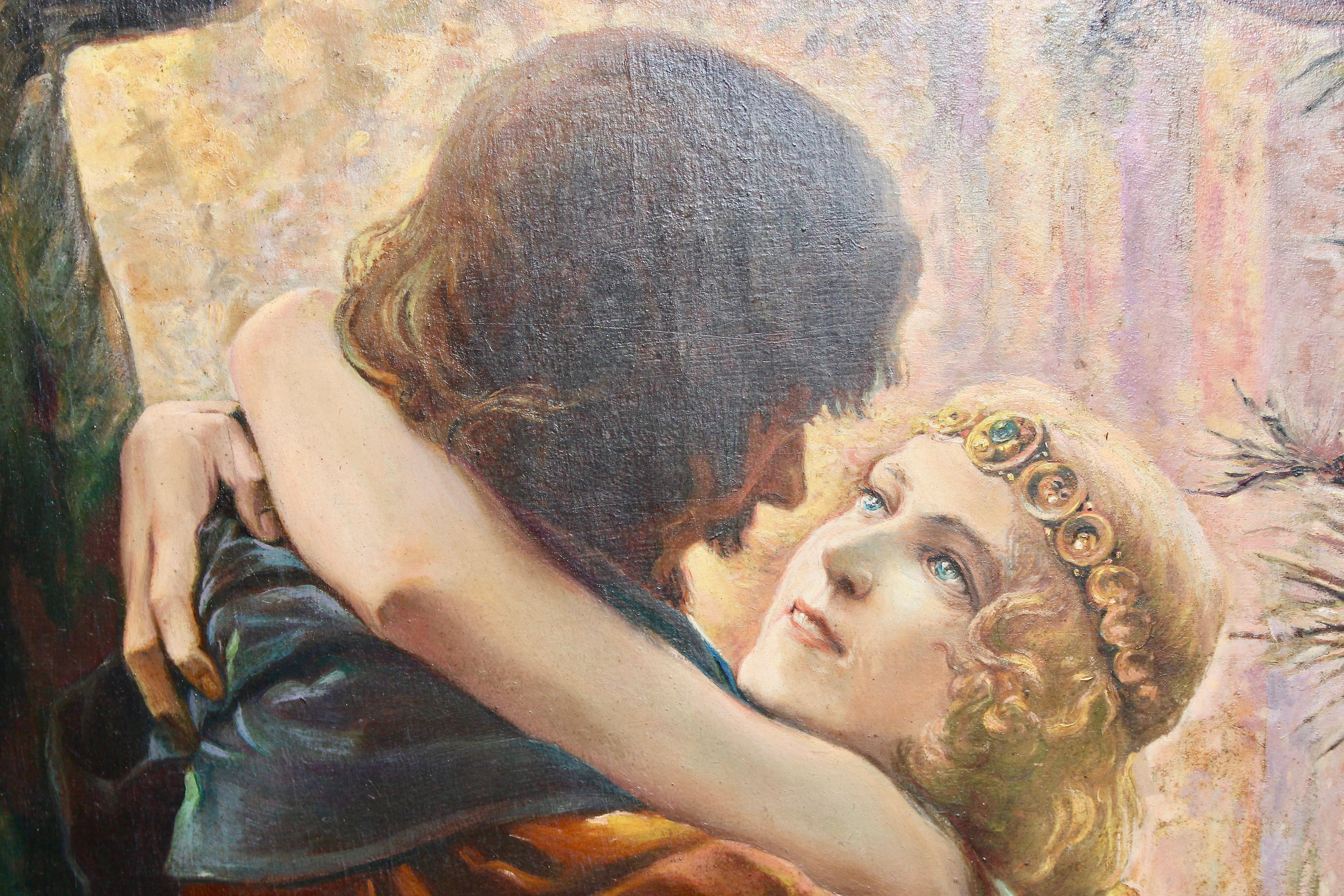 Pintura Art Déco, hacia 1910, óleo sobre cartón. Romántica escena de amor en el bosque - Painting Simbolista de Gaston Bussiere