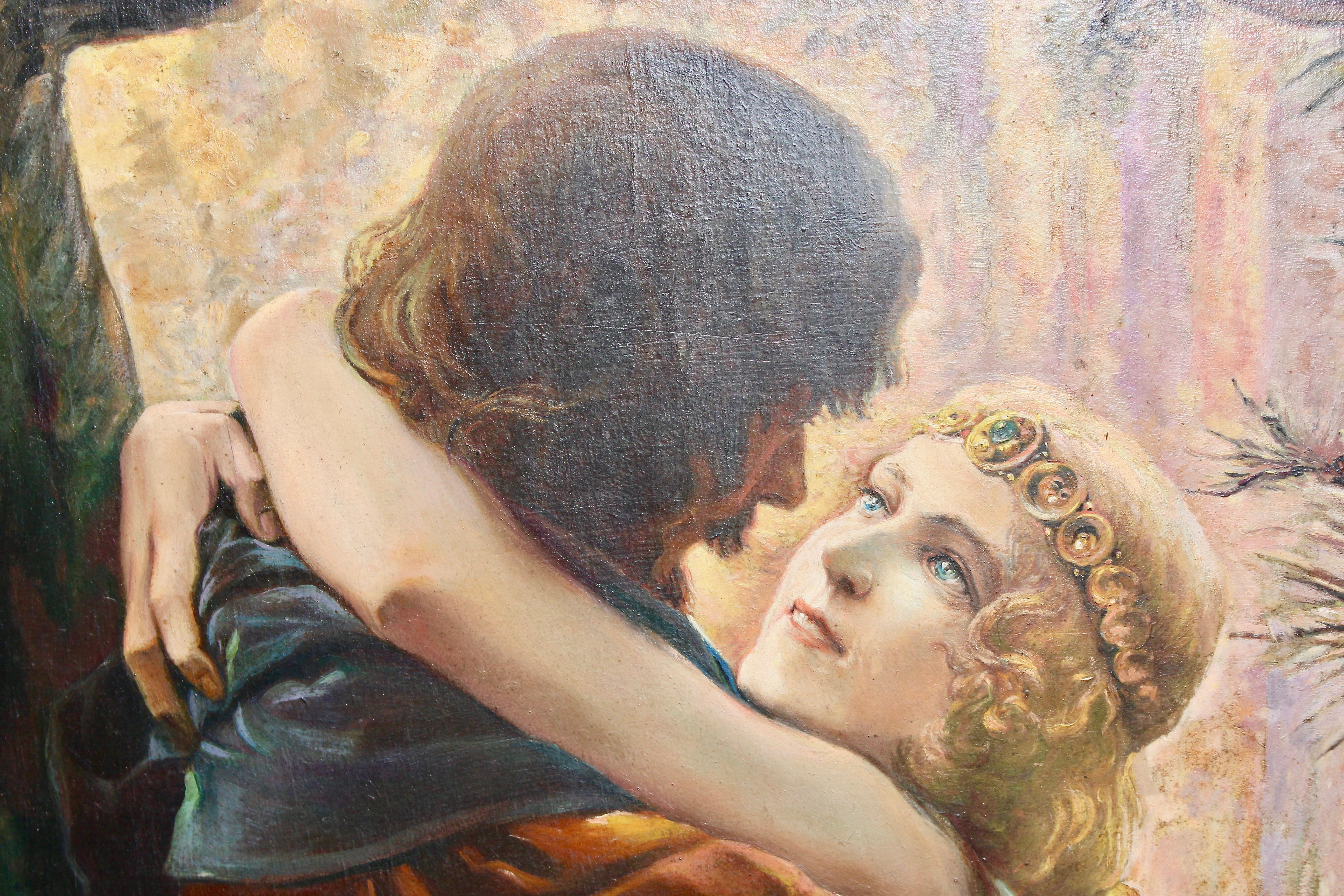 Art-Déco-Gemälde, ca. 1910, Öl auf Karton. Romantische Liebessszene im Wald (Symbolismus), Painting, von Gaston Bussiere