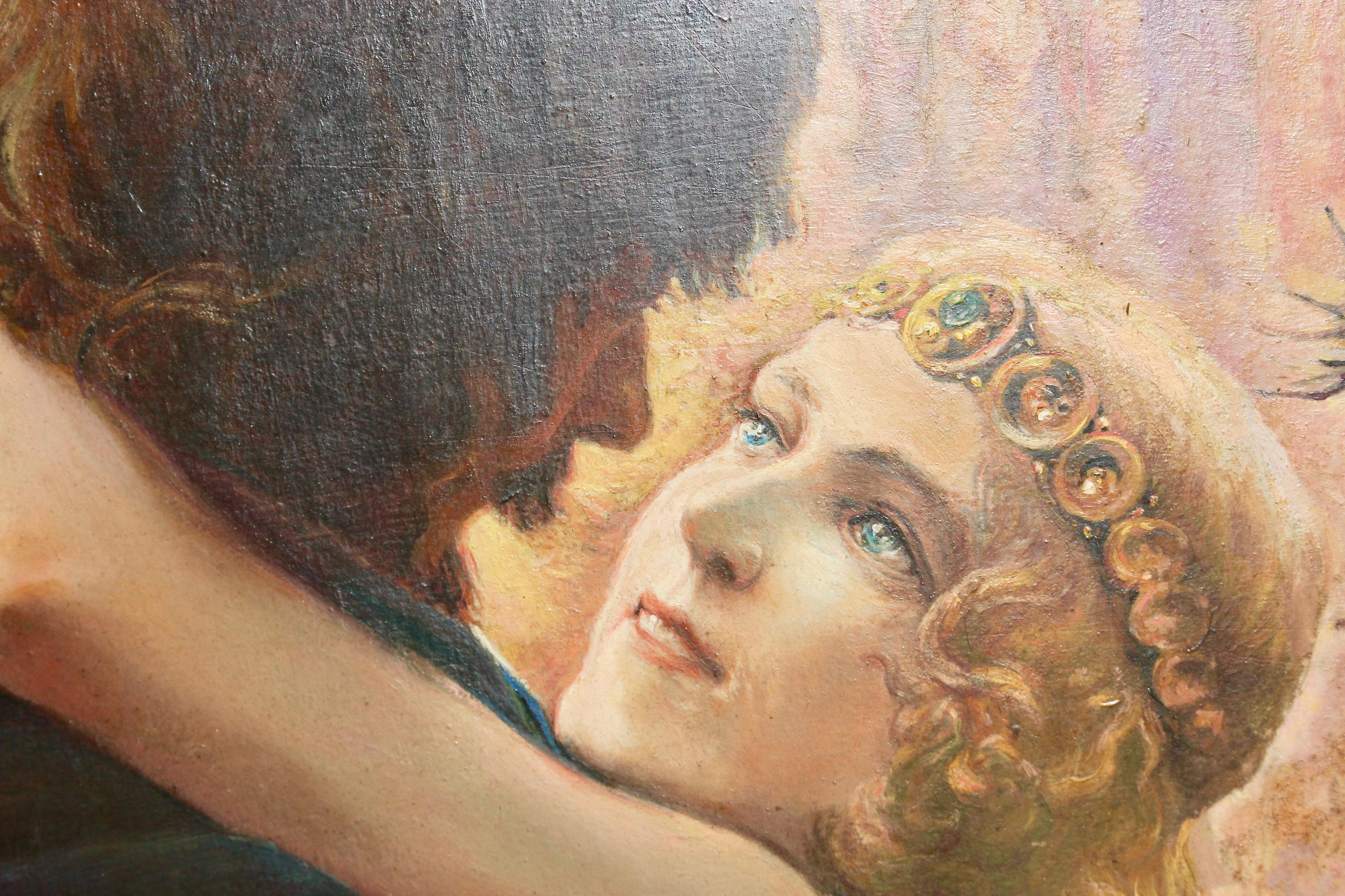Art-Déco-Gemälde, ca. 1910, Öl auf Karton. Romantische Liebessszene im Wald (Braun), Figurative Painting, von Gaston Bussiere