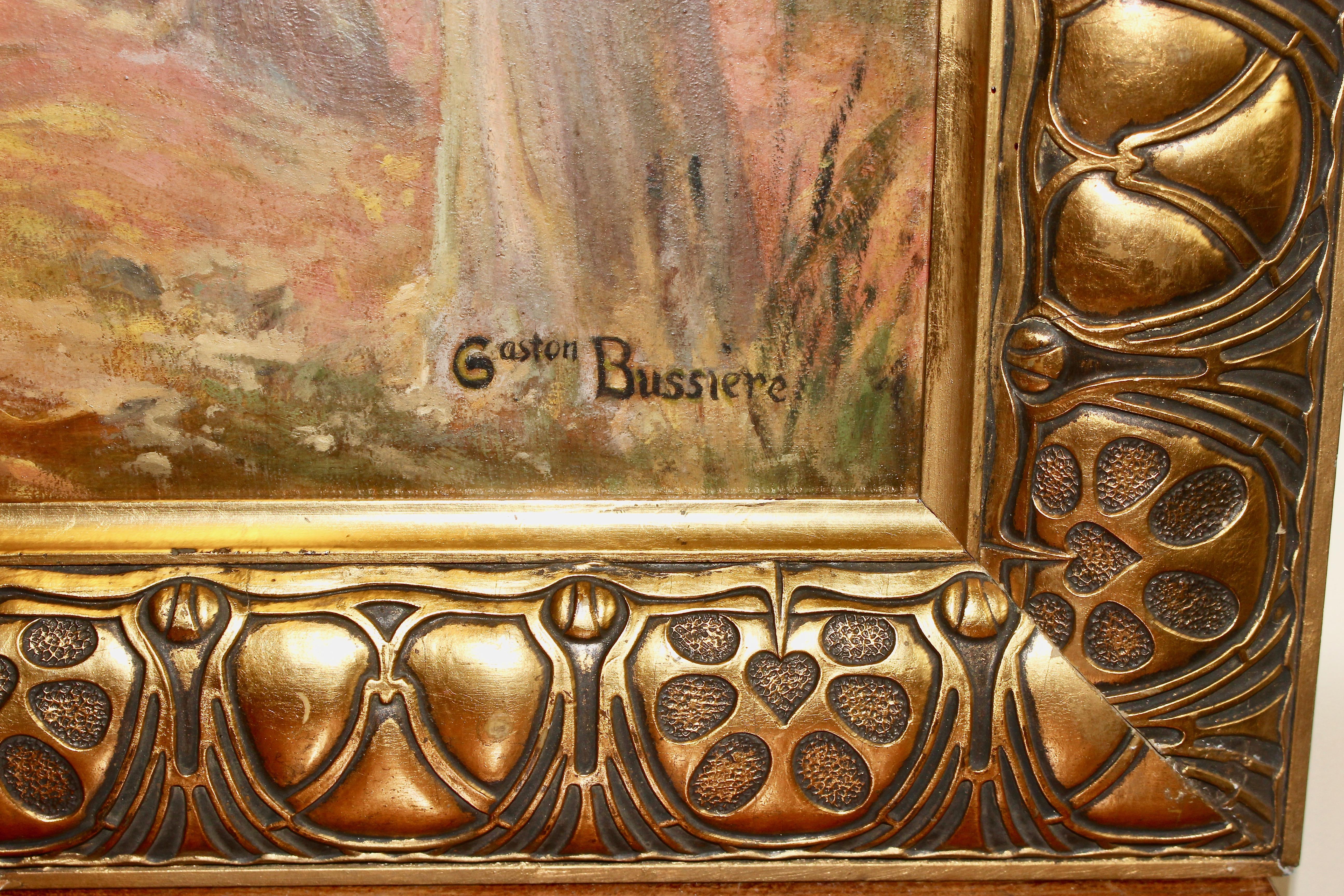 Gemälde, um 1910, Öl auf Karton. Romantische Liebesszene im Wald.

Gezeichnet, Gaston Bussiere.

Mit schönem (Original-)Art-Déco-Rahmen.
Der Rahmen ist an einigen Stellen minimal beschädigt.

Maße mit Rahmen 67cm x 86cm

Dieses Gemälde wird hier zum