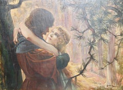 Art Déco Painting, ca. 1910, oil on cardboard. Romantic love scene in the forest