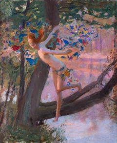 French early 20th Century oil painting of a summer sprite by Gaston Bussiere