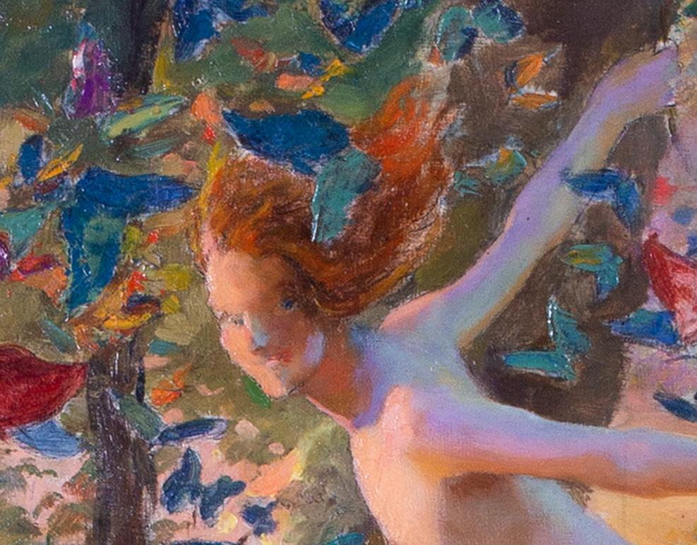 French early 20th Century oil painting of a summer sprite by Gaston Bussiere For Sale 3