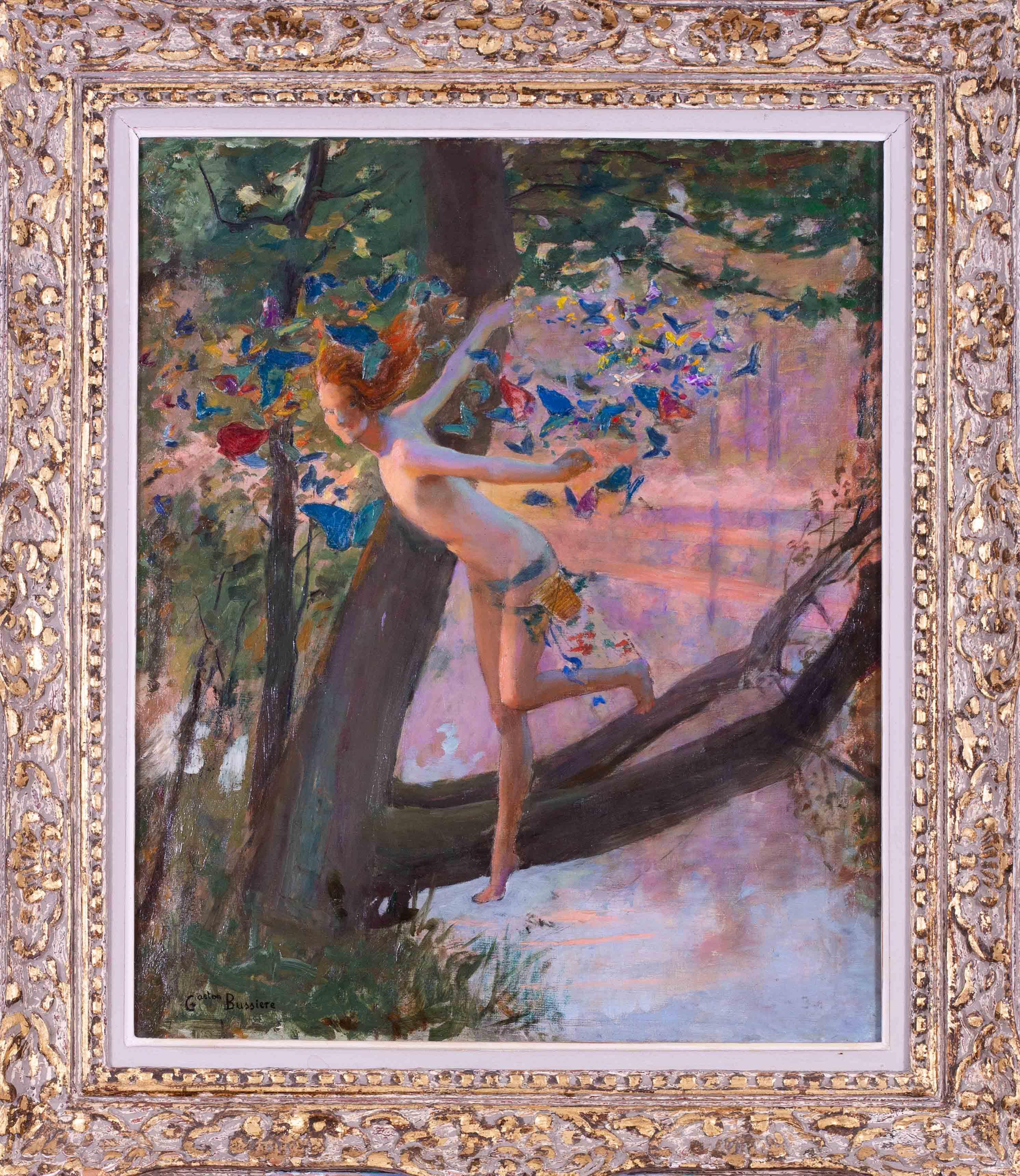 Gaston Bussiere (French, 1862 – 1928)
The sprite of summer
Oil on canvas
Signed ‘Gaston Bussiere’ (lower left)
25.1/2 x 21.1/4 in. (64.8 x 54 cm.)

In a carved gilt frame with gilded detail and intentionally stressed painted sections with a grey and
