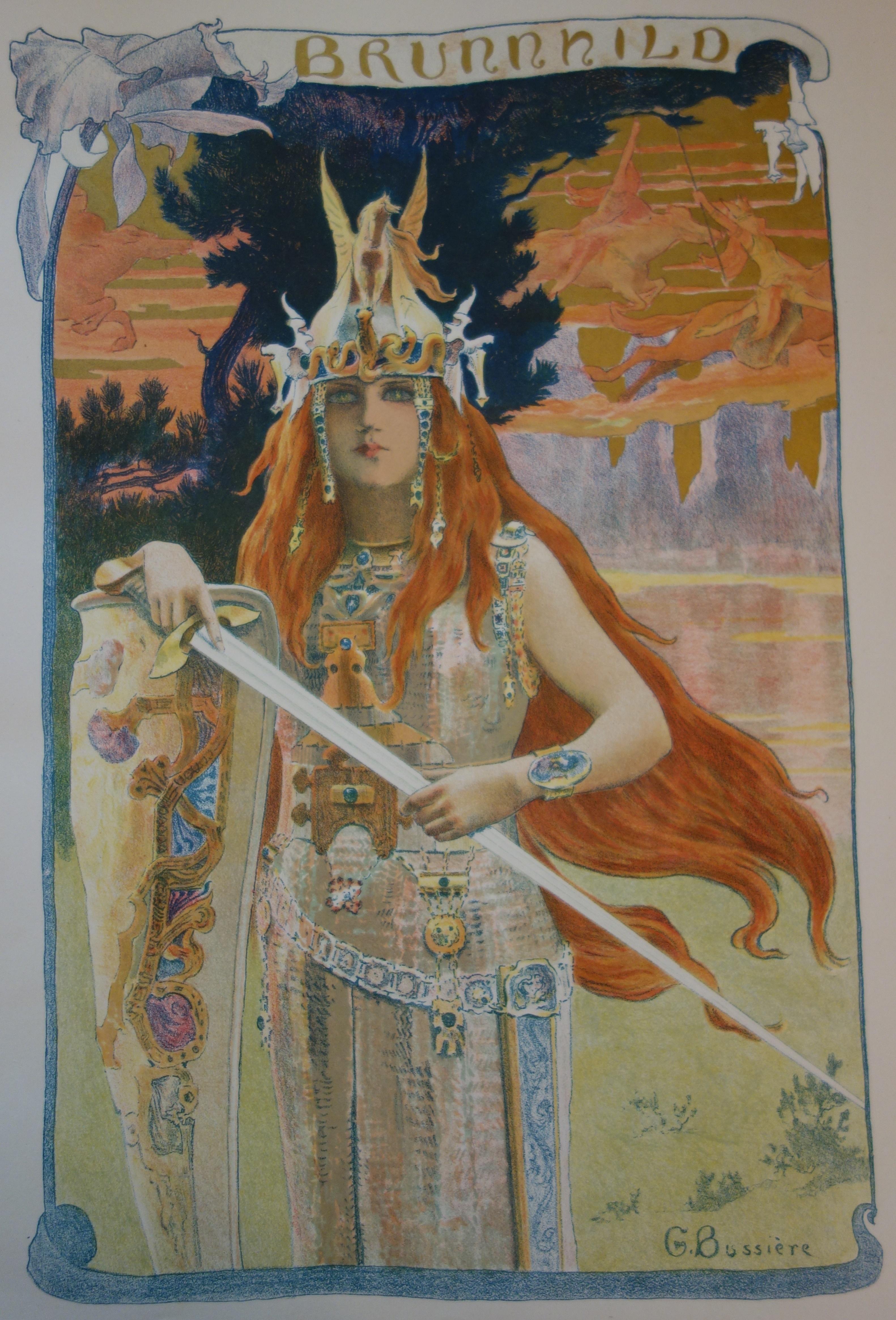 Wagner : Nibelungos, la valquiria Brunilda - Litografía original - 1898 - Print de Gaston Bussiere
