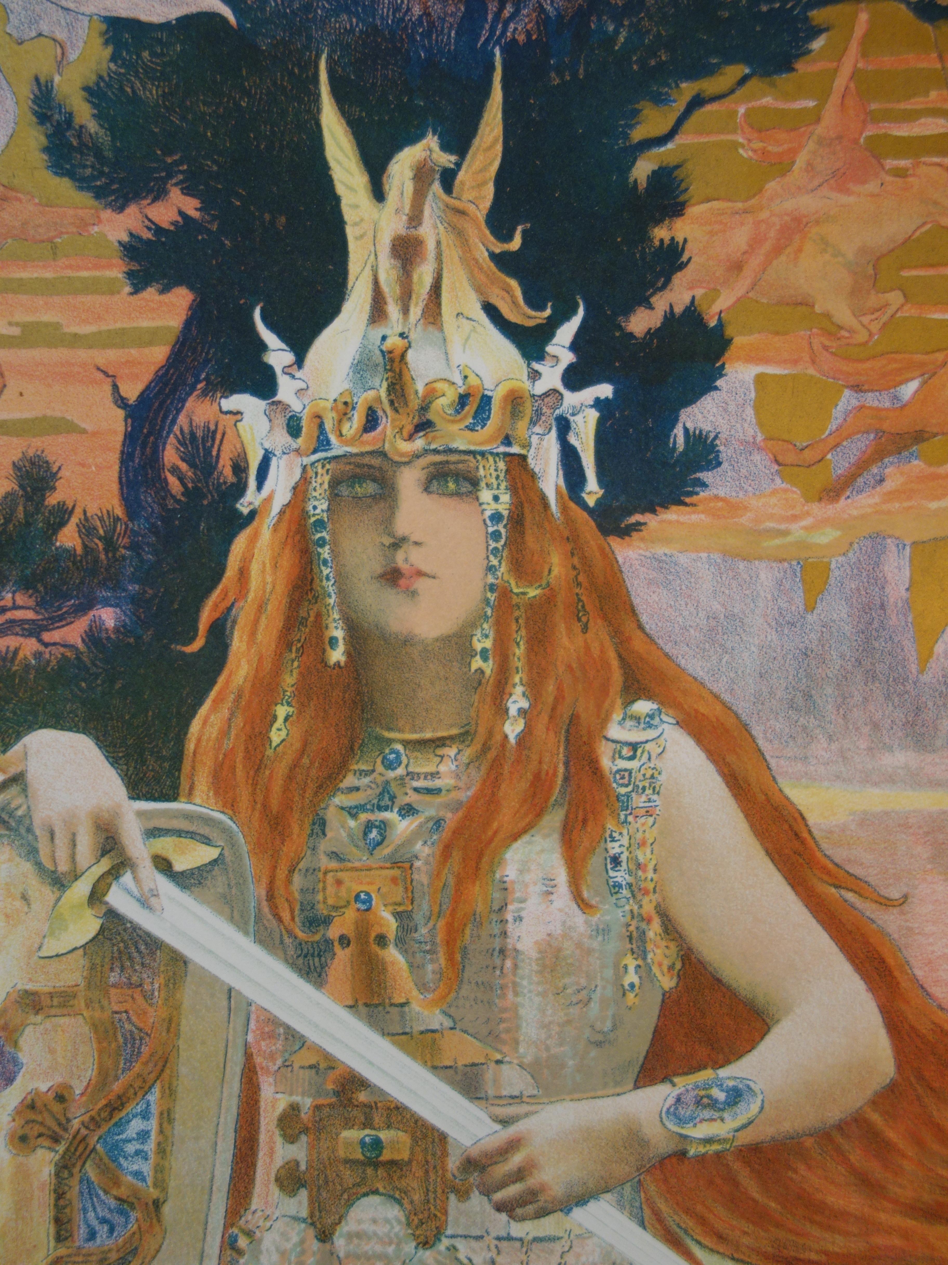 Wagner : Nibelungos, la valquiria Brunilda - Litografía original - 1898 - Figurative Print Gris de Gaston Bussiere