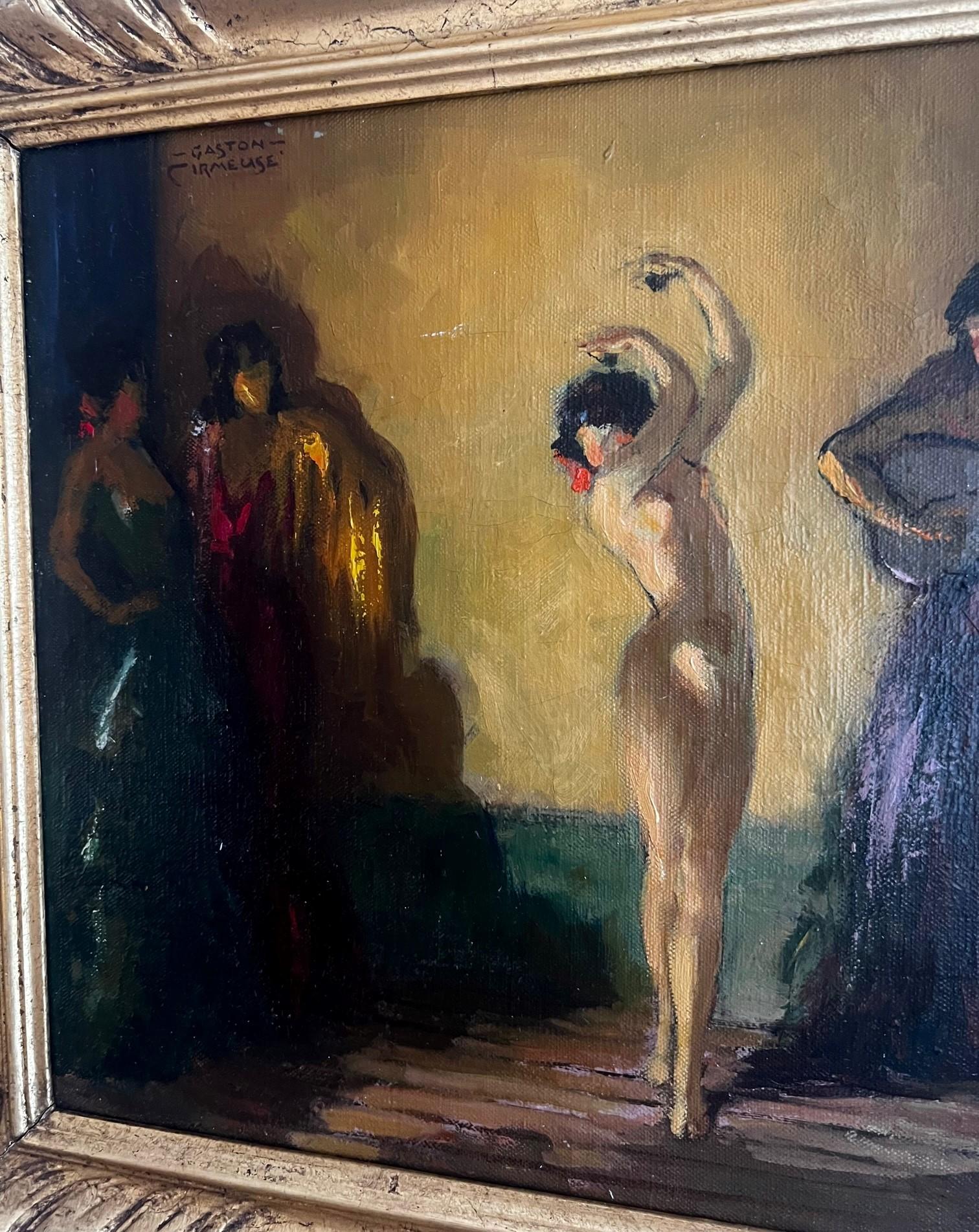 Gaston Cirmeuse was born in Marseilles in 1886 and was a student of F. Cormon. He is known as Orientalist painter and the theme of nude females dancing, bathing or posing was the theme he worked with frequently and for which he gained renown. This