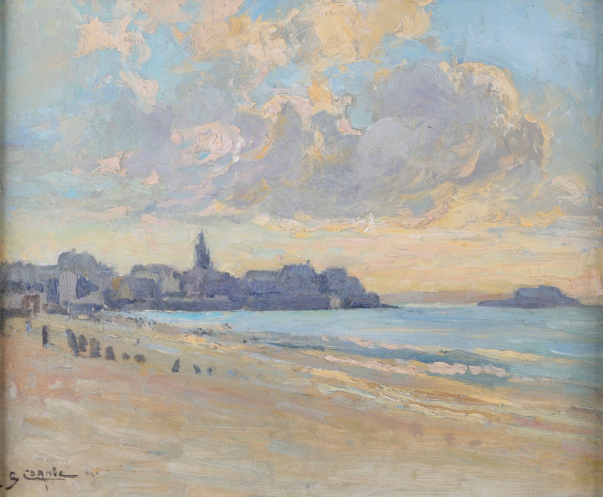 Un giorno d'estate in spiaggia. Di Gaston Cornil. Antico dipinto a olio su pannello in vendita 1