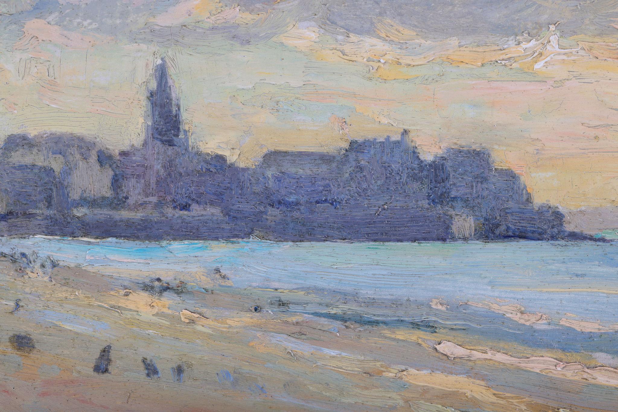 Un giorno d'estate in spiaggia. Di Gaston Cornil. Antico dipinto a olio su pannello in vendita 2