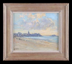 A Summers Day at the Beach. By Gaston Cornil. Antique oil painting on panel