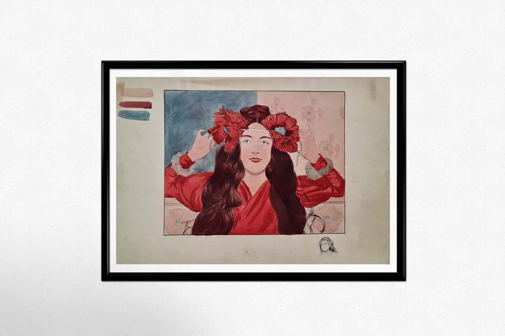 Circa 1900 original gouache by Gaston Darbour - Élégante aux fleurs For Sale 1