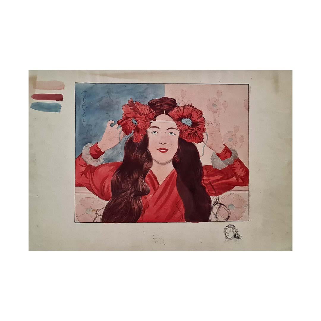 Circa 1900 original gouache by Gaston Darbour - Élégante aux fleurs For Sale 3