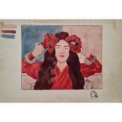 Circa 1900 original gouache by Gaston Darbour - Élégante aux fleurs
