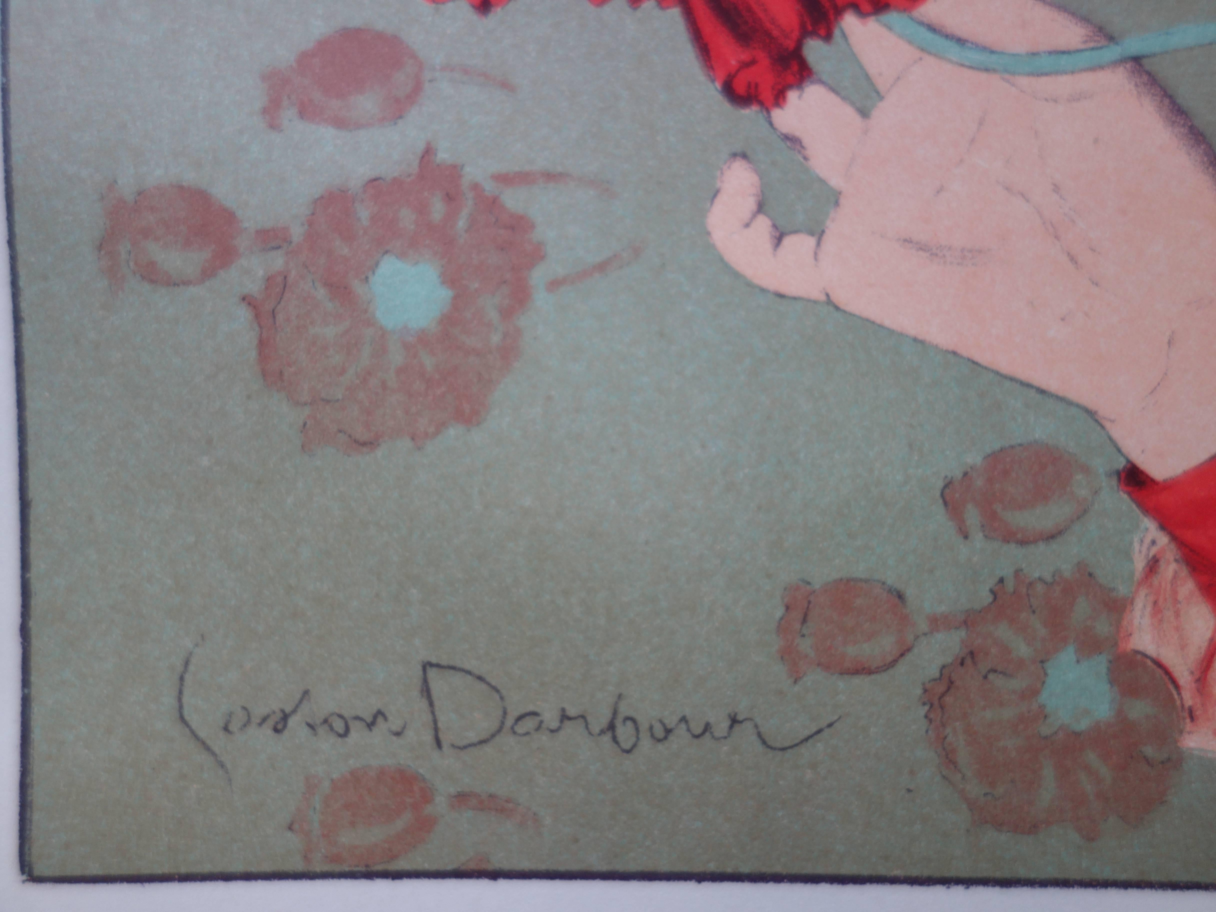 Joven con amapolas - litografía original (1897-1898) - Print de Gaston Darbour