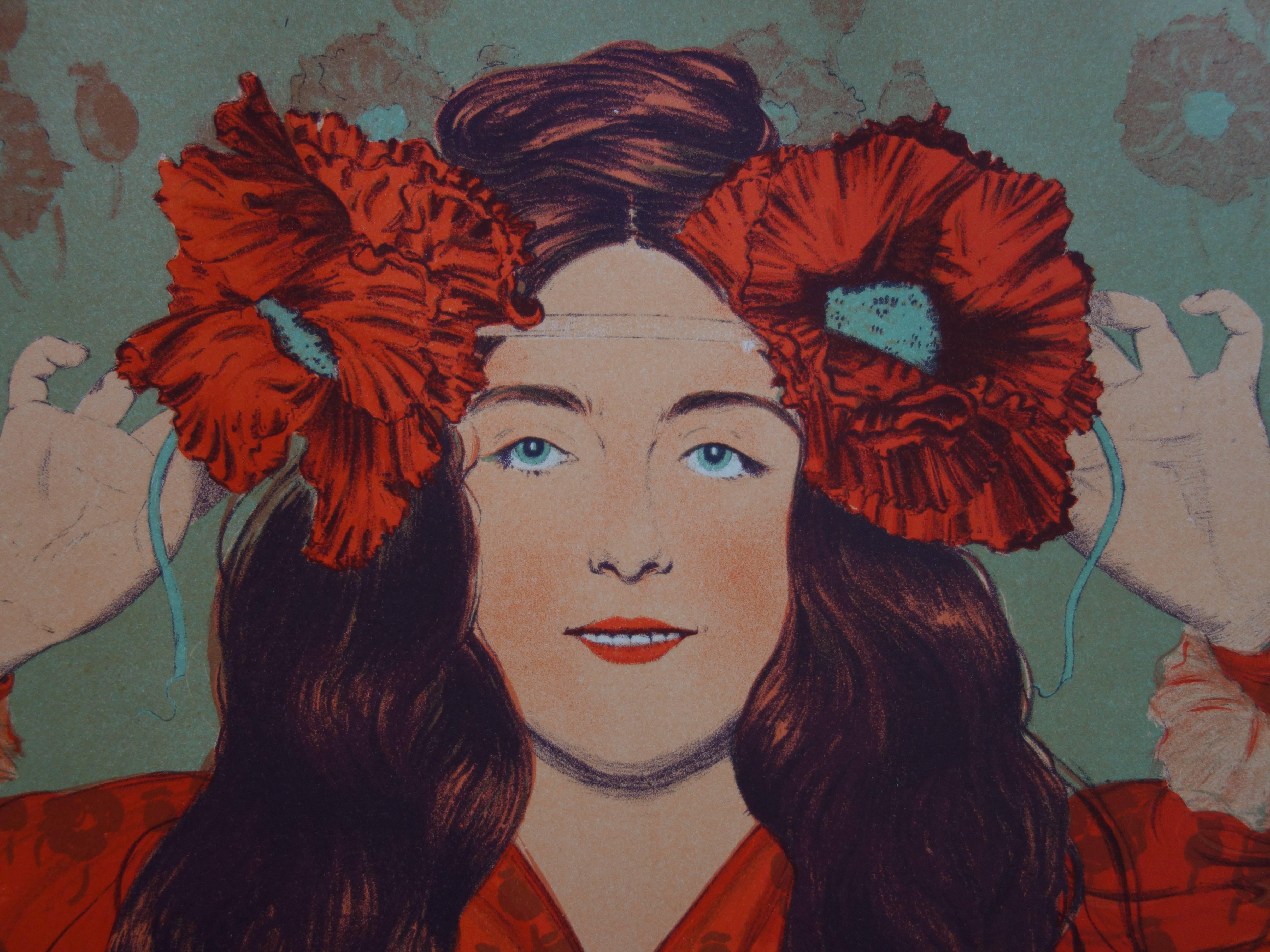 Joven con amapolas - litografía original (1897-1898) - Print Art Nouveau de Gaston Darbour