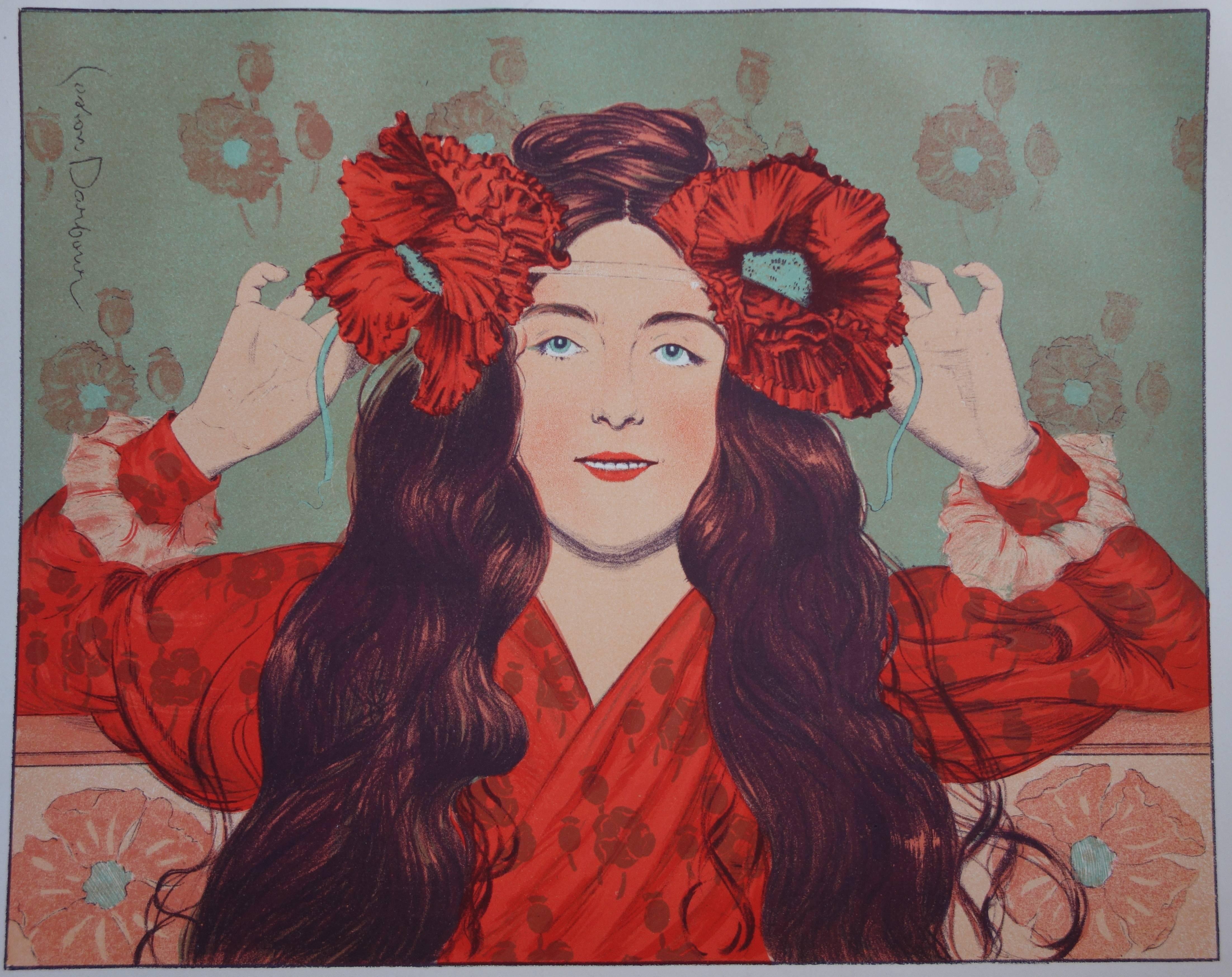 Figurative Print de Gaston Darbour - Joven con amapolas - litografía original (1897-1898)