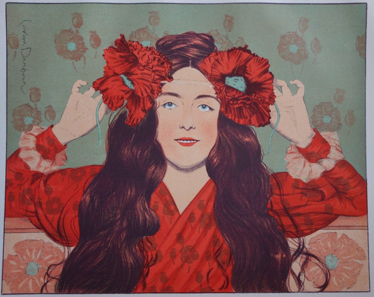 Gaston Darbour - Young Girl with Poppies - original lithograph (1897 ...