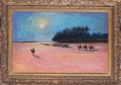 A 19th Century French oil painting of camels in a desert under moonlight