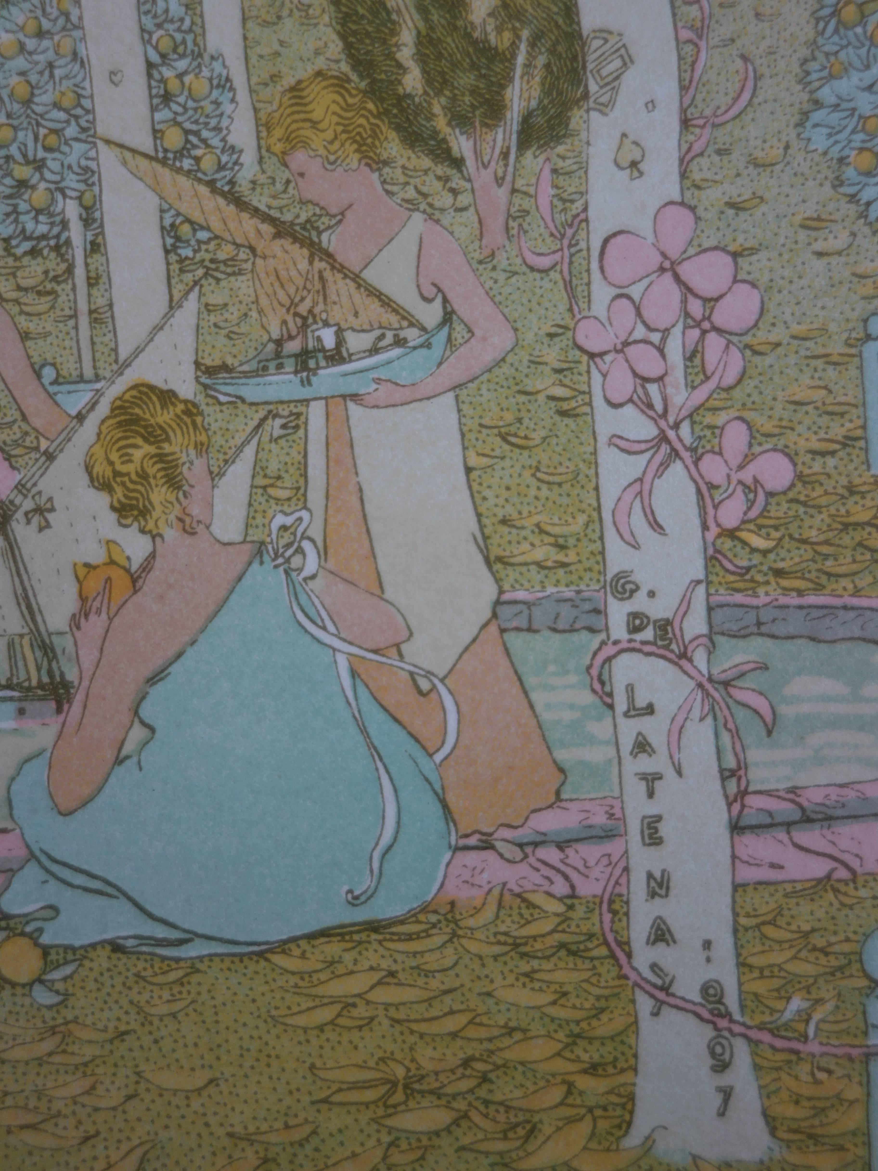 In the Park - Original lithograph (1897/98) - Gray Figurative Print by Gaston de Latenay