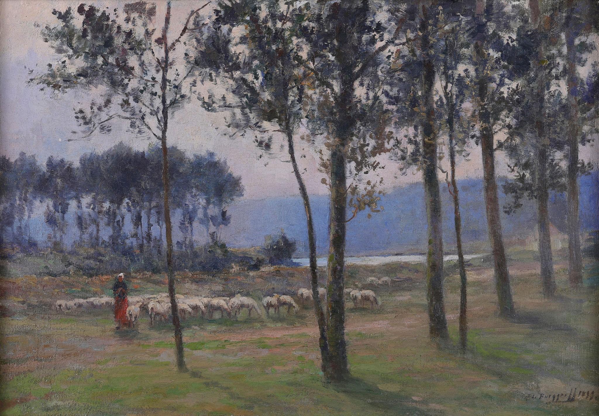 Un pastore con il suo gregge . Olio su tela - Painting di Gaston Frederick De Burggraff