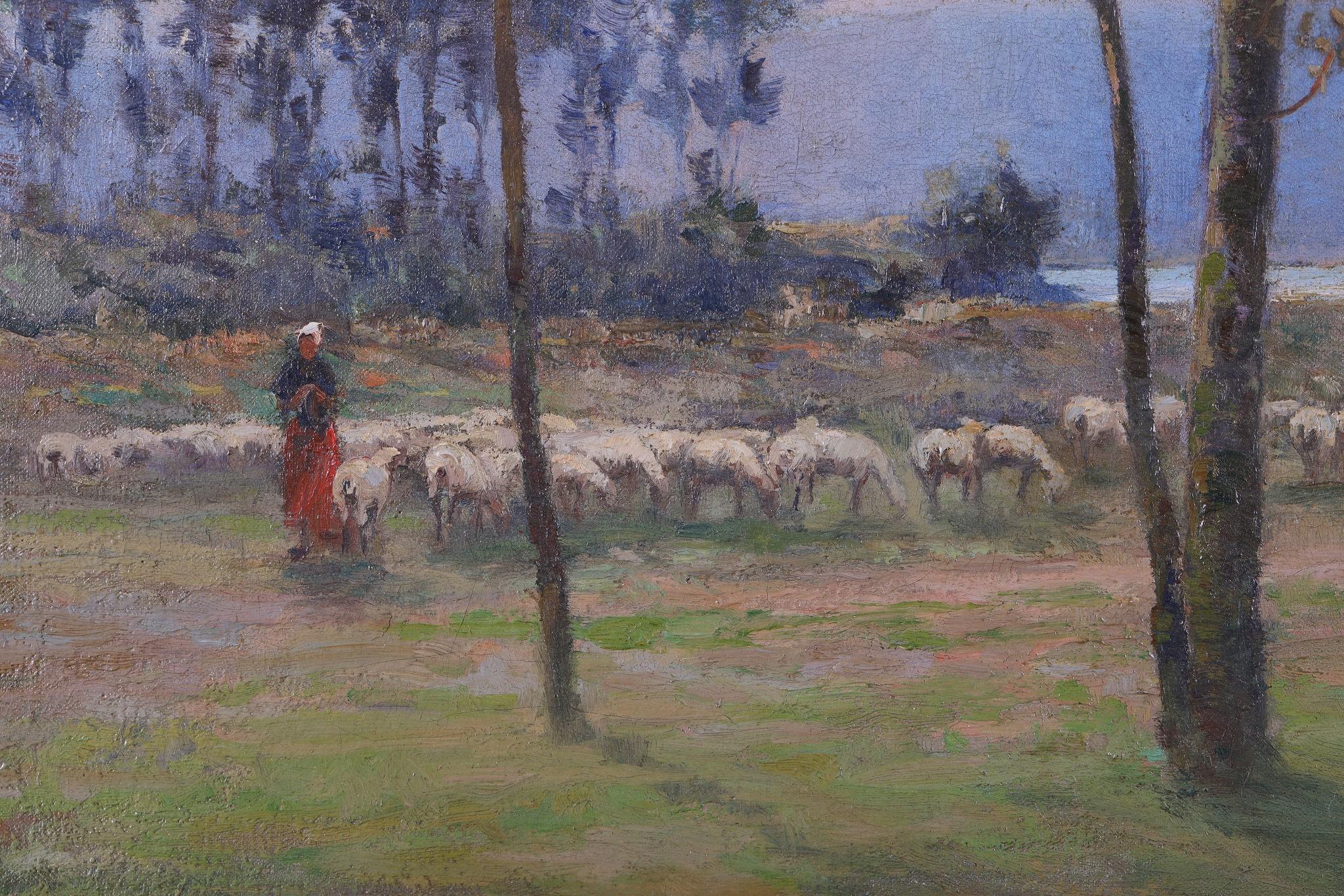 Un pastore con il suo gregge . Olio su tela - Landscape Painting Nero di Gaston Frederick De Burggraff