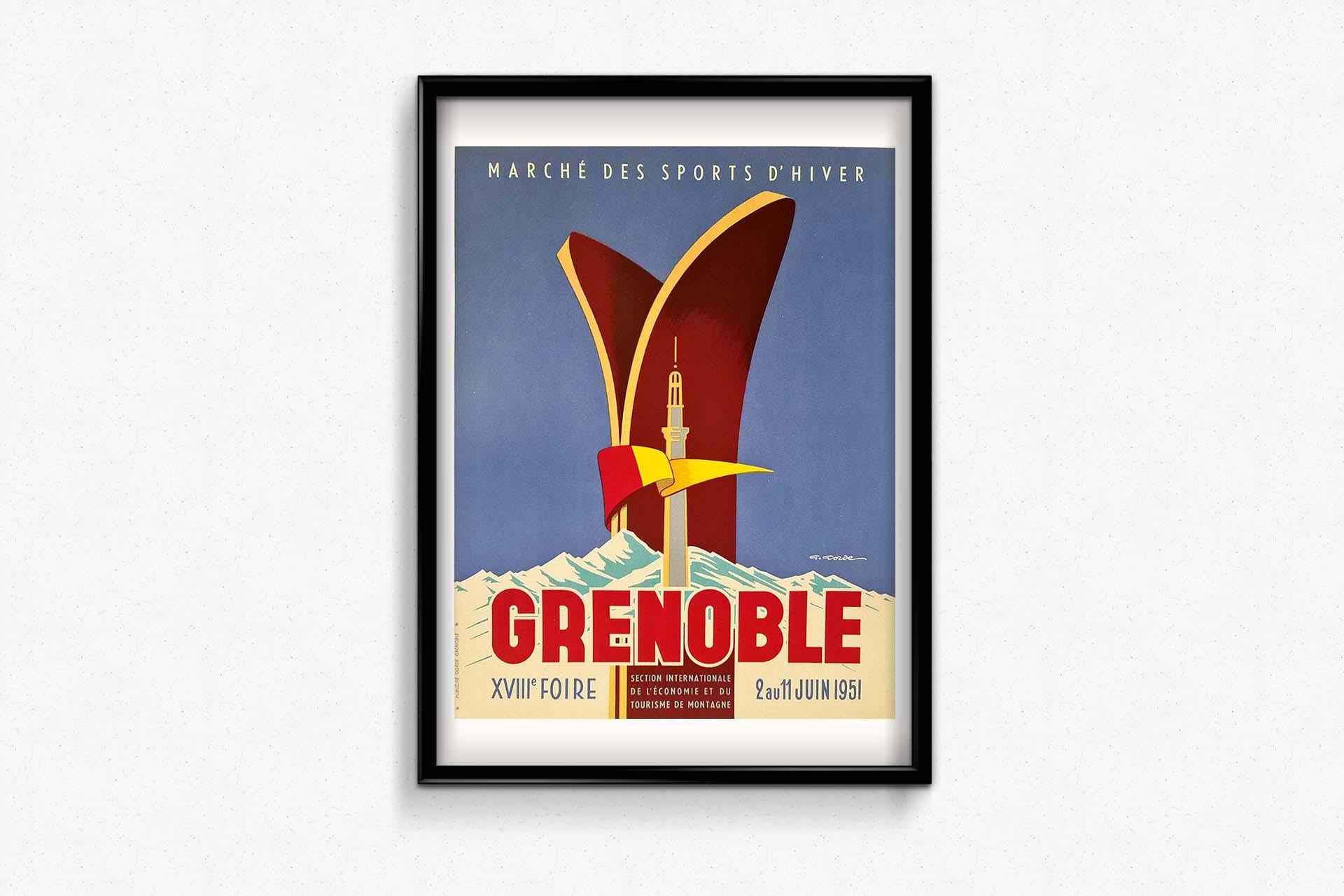 This original poster features various symbols associated with the Grenoble region. One can recognize the Perret Tower, the first reinforced concrete tower built in 1925 for the International Exhibition of White Coal and Tourism, Praise for
