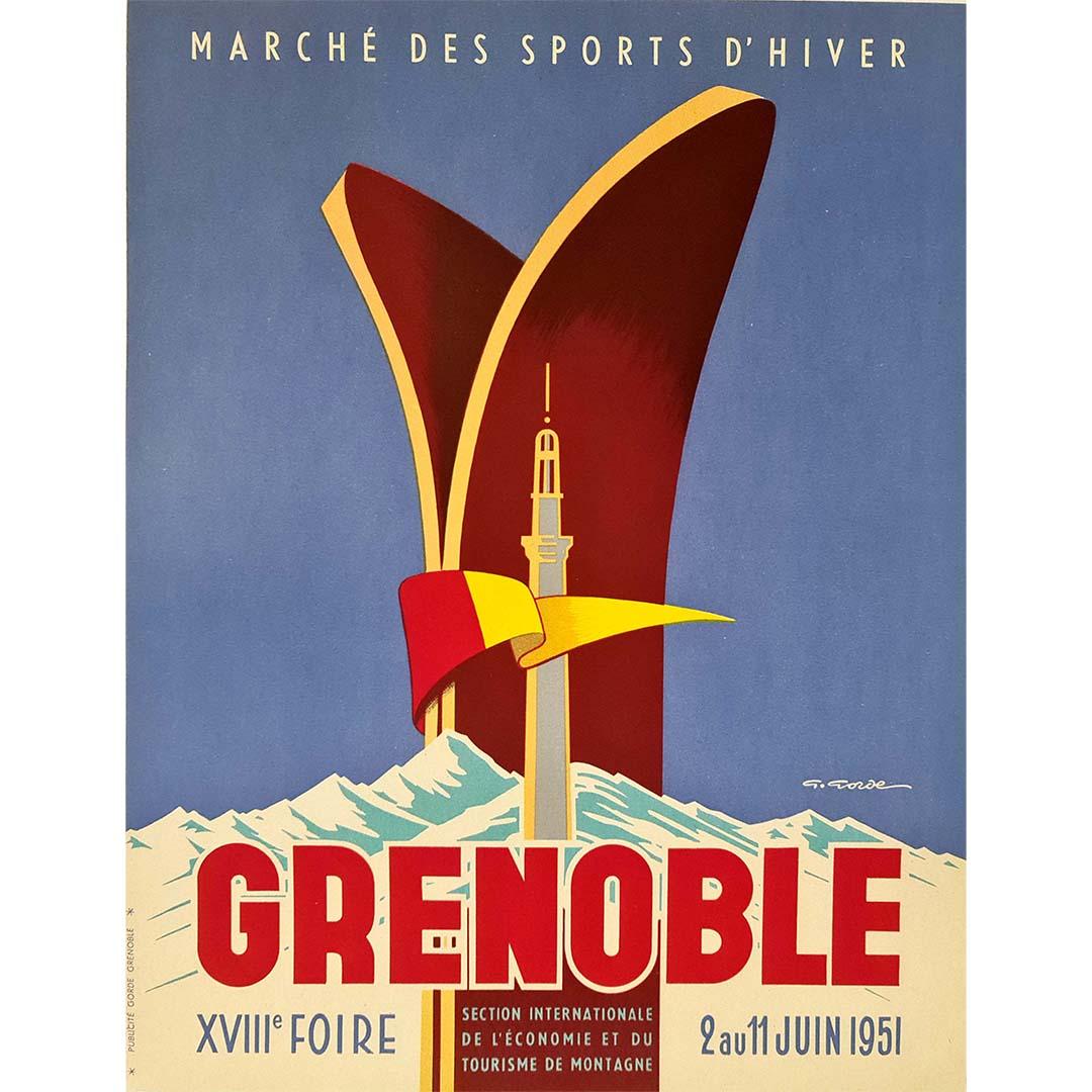 1951 Original poster for Grenoble by Gaston Gorde - Ski - French Alps For Sale 1