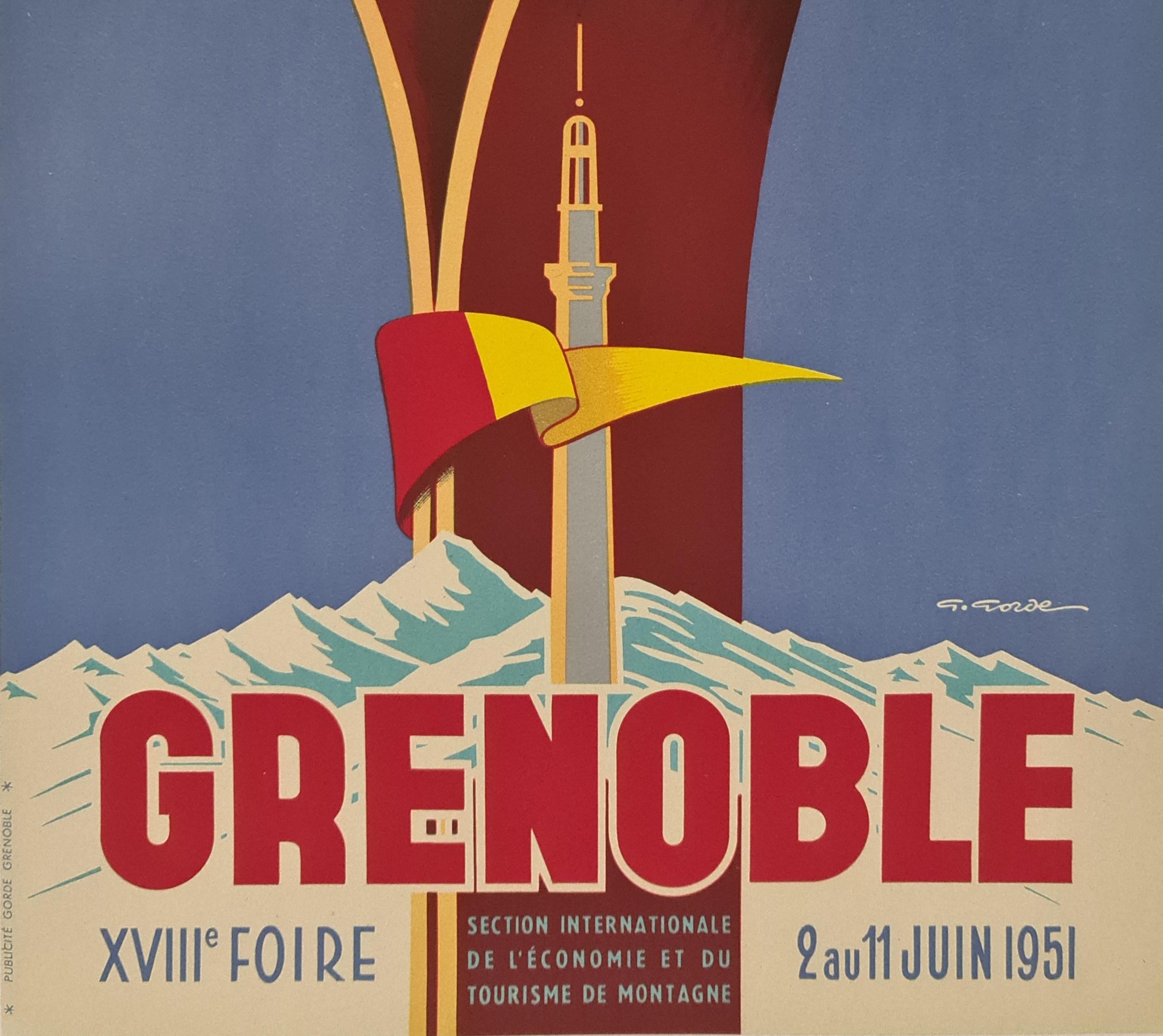 1951 Original poster for Grenoble by Gaston Gorde - Ski - French Alps For Sale 3