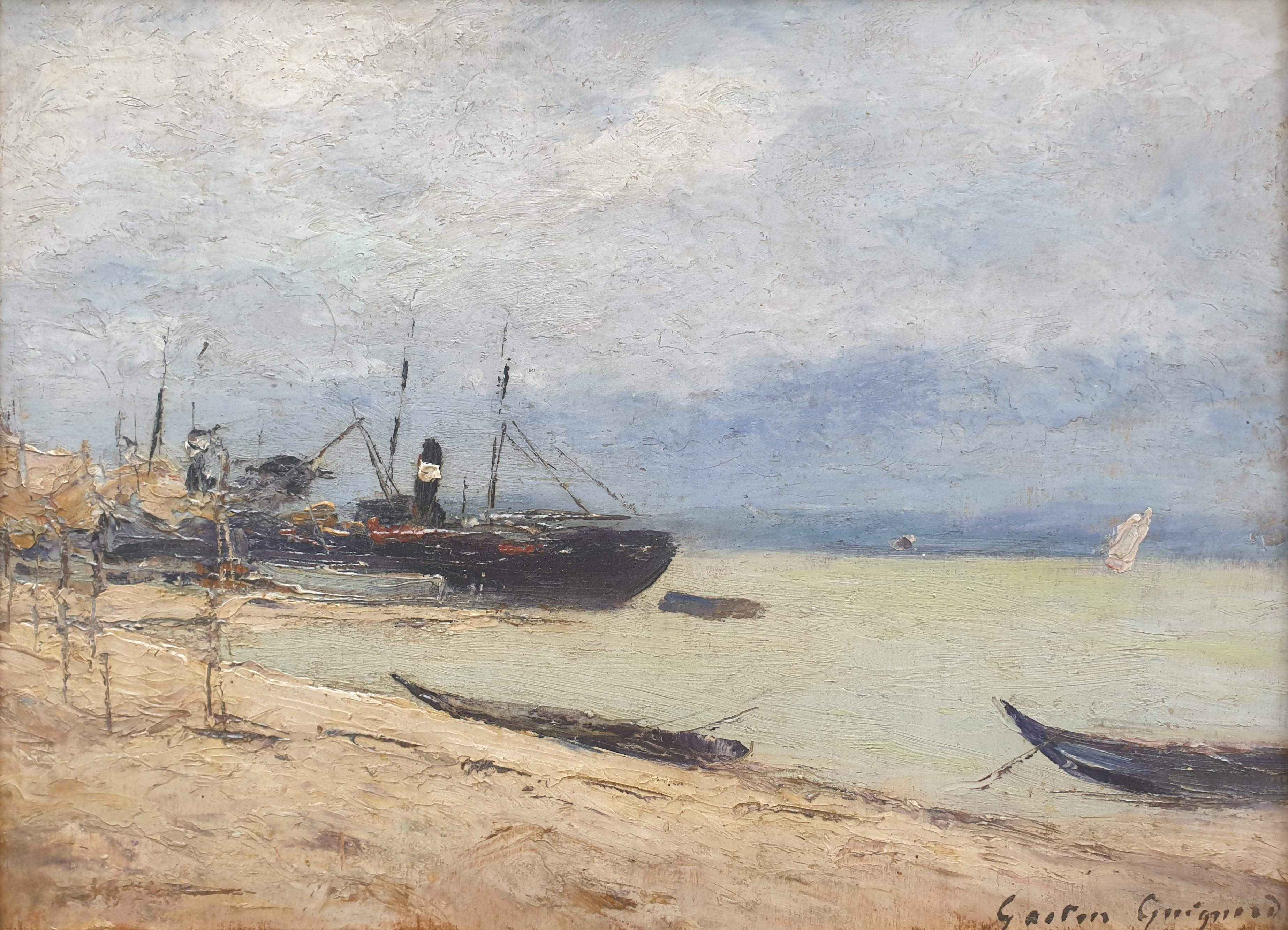GUIGNARD Bordeaux painter Port boats French Impressionism  19th - Painting by Gaston GUIGNARD