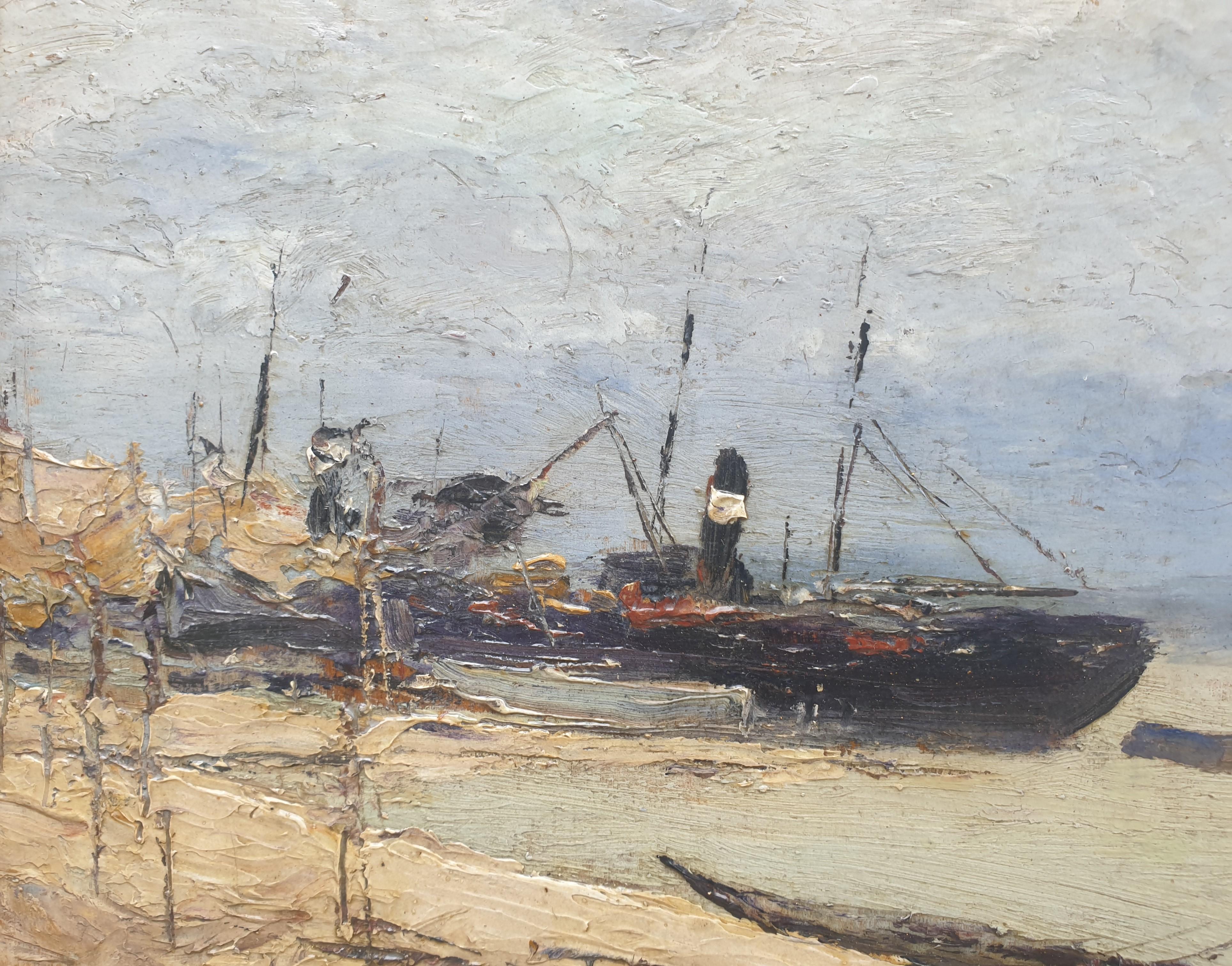 GUIGNARD Bordeaux painter Port boats French Impressionism  19th - Impressionist Painting by Gaston GUIGNARD