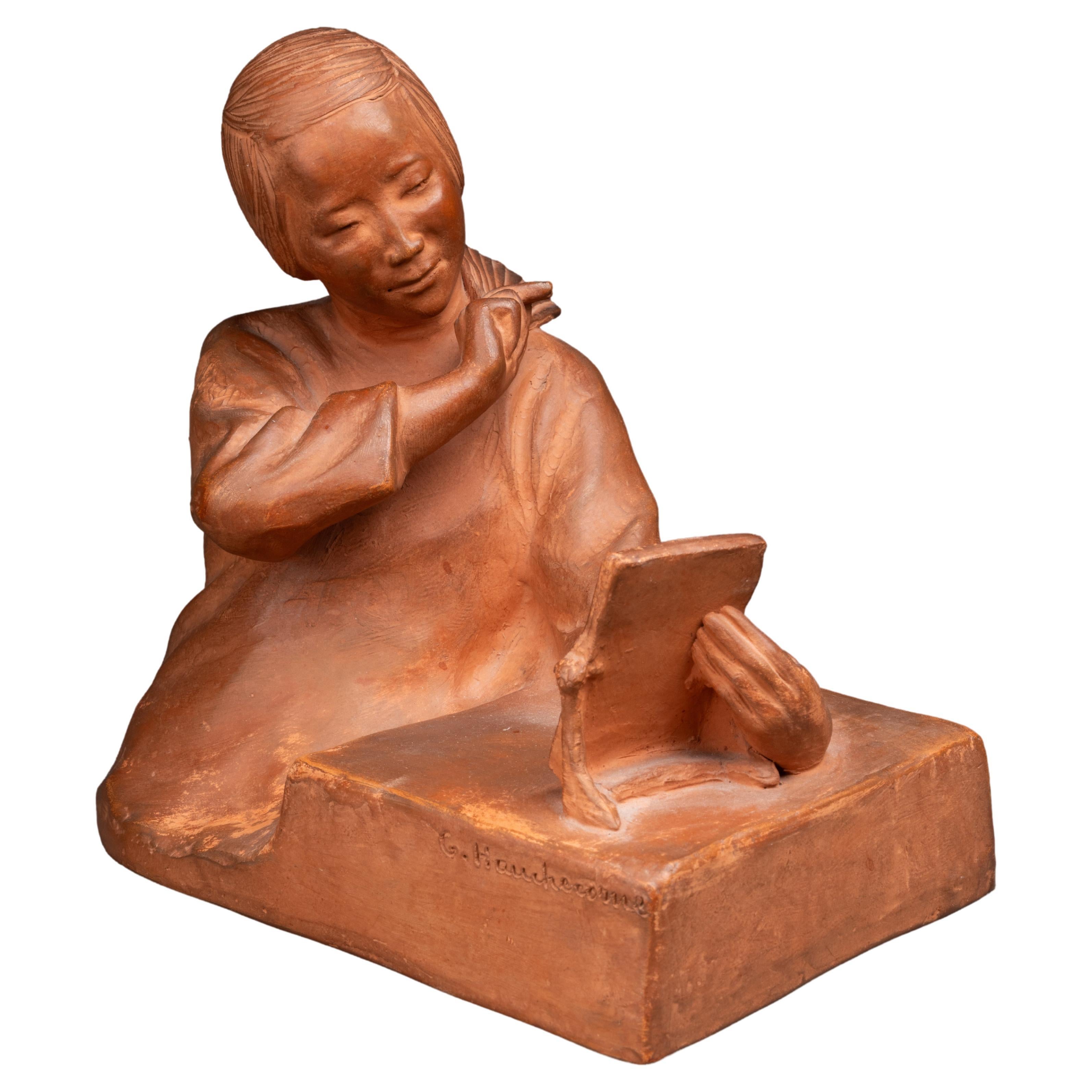 Gaston Hauchecorne : "Mujer china con abanico", Terracota Circa 1930