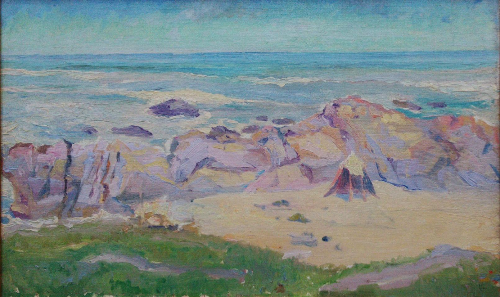 The Beach Hut,  cliffs in Brittany - Painting by Gaston Hauchecorne