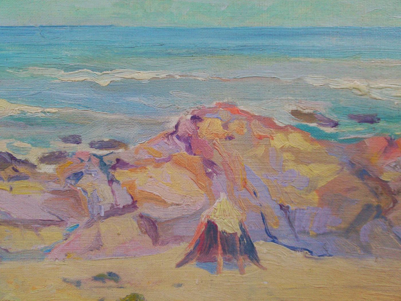 The Beach Hut,  cliffs in Brittany - Impressionist Painting by Gaston Hauchecorne