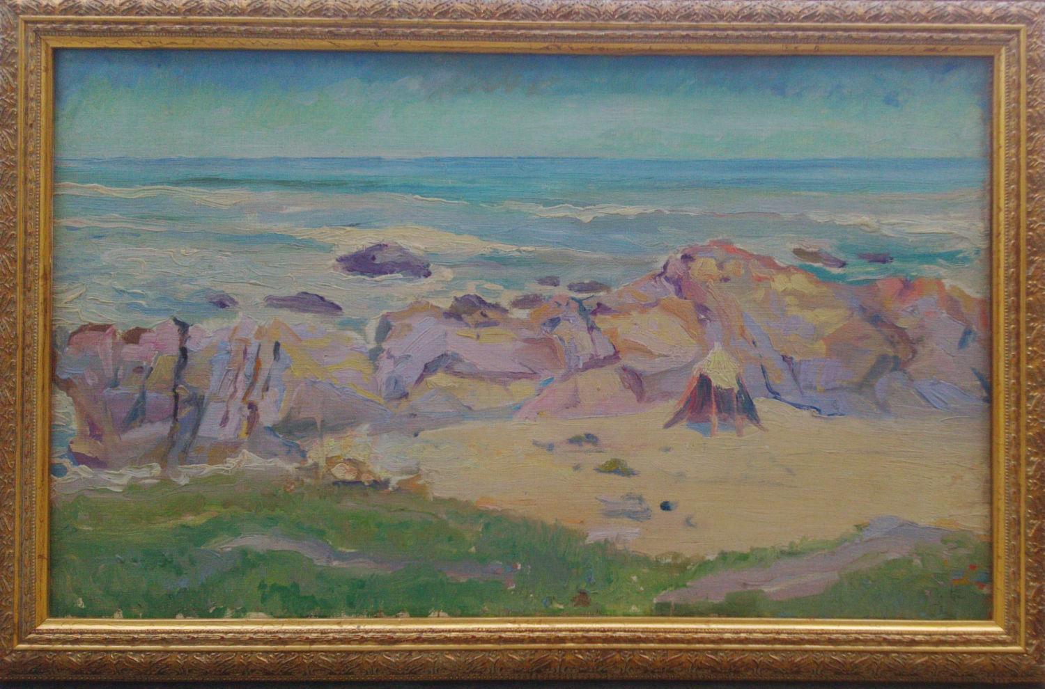 Gaston Hauchecorne Landscape Painting - The Beach Hut,  cliffs in Brittany