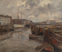 Gaston Haustraete (Bruselas, 1878 - Elsene, 1949), Vista del puerto, Óleo sobre lienzo, 8