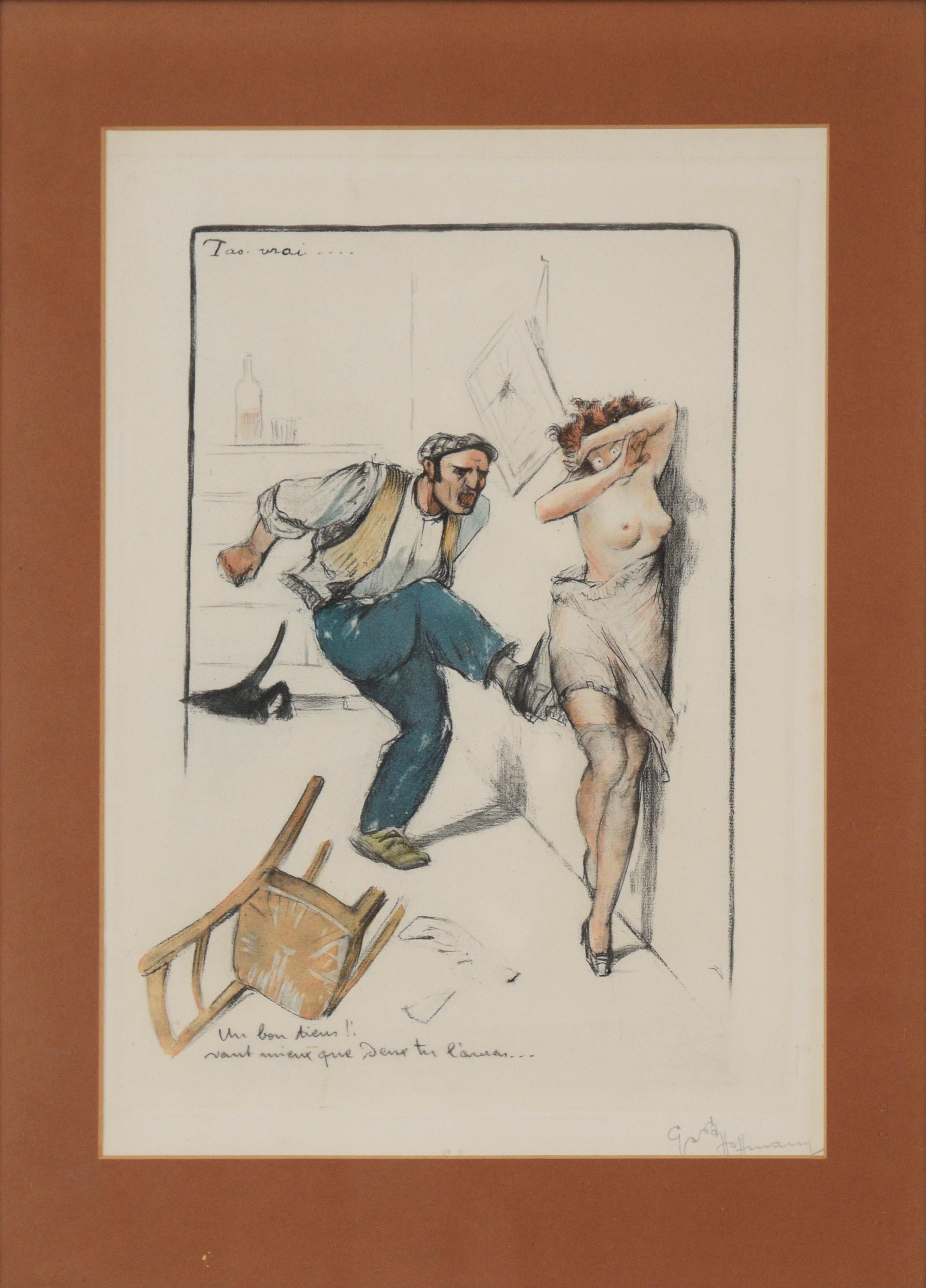 Satirical French Illustration of Man and Woman  - Realist Print by Gaston Hoffmann