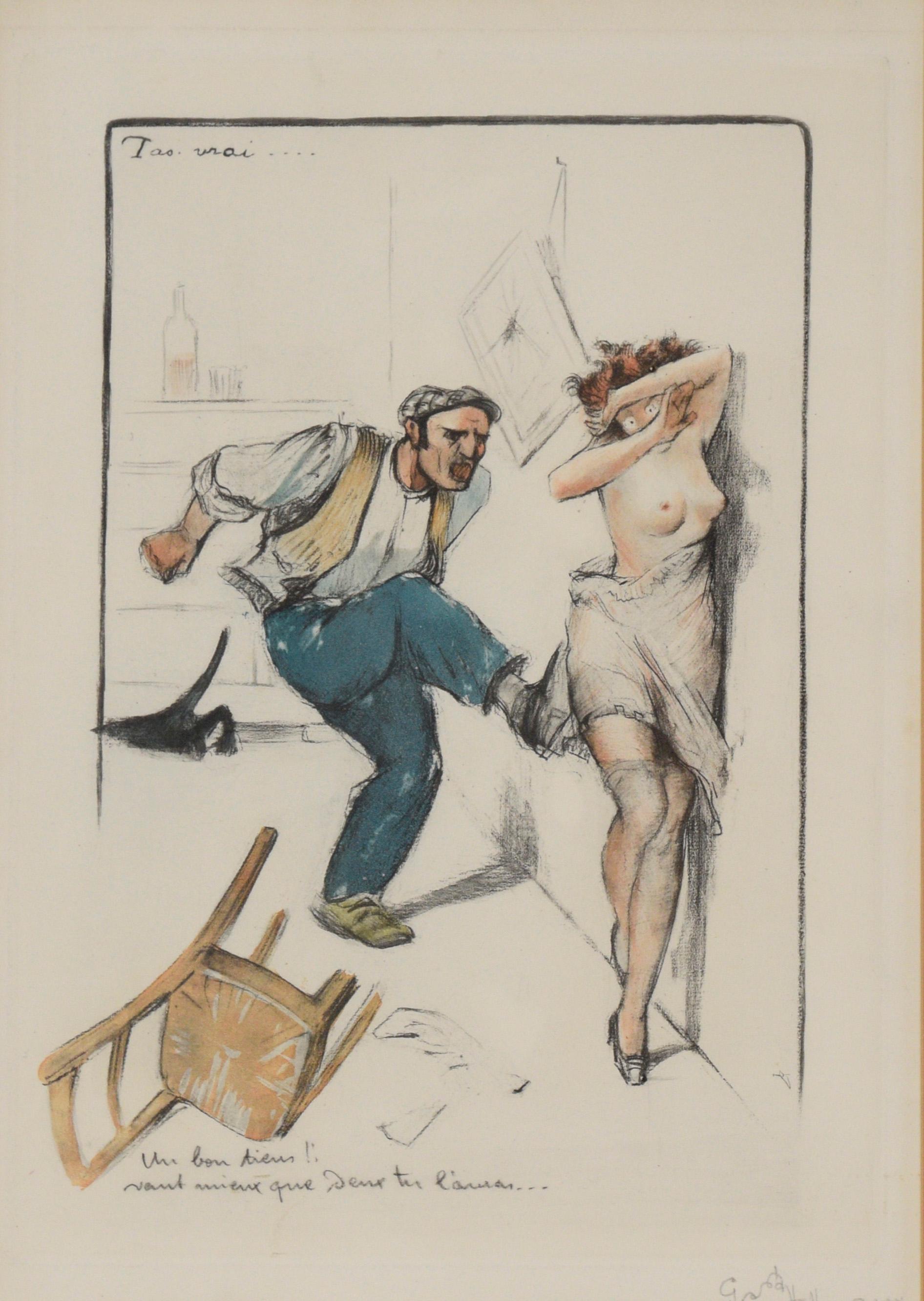 Satirical French Illustration of Man and Woman

Comical illustration by Gaston Hoffmann (French, 1883-1967) titled 