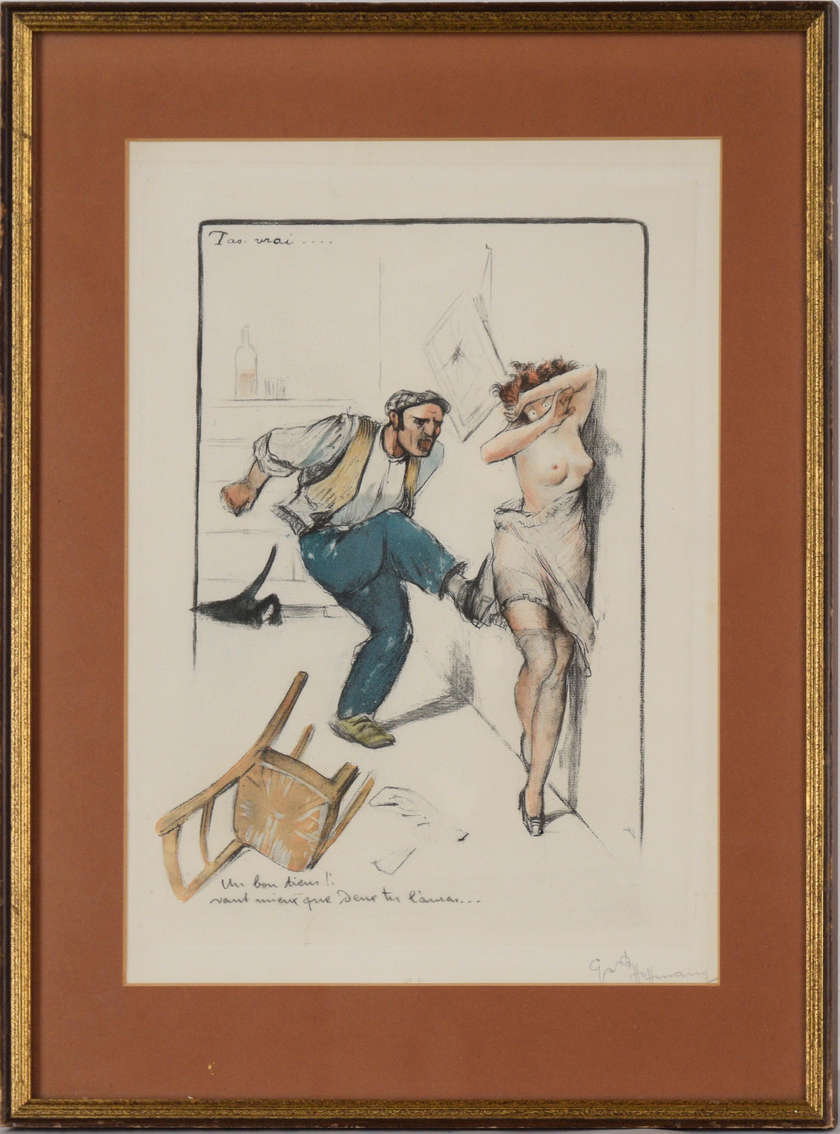 Gaston Hoffmann Figurative Print - Satirical French Illustration of Man and Woman 