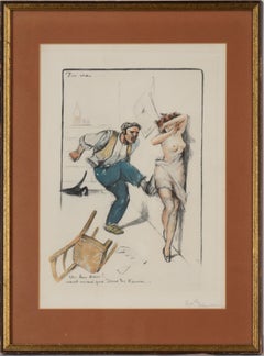 Vintage Satirical French Illustration of Man and Woman 