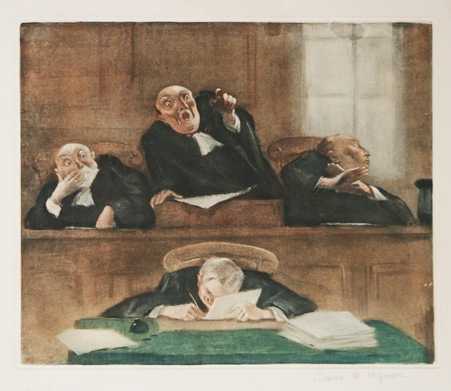 Three courtroom scenes original signed etchings by French artist Gaston Hoffman For Sale 2