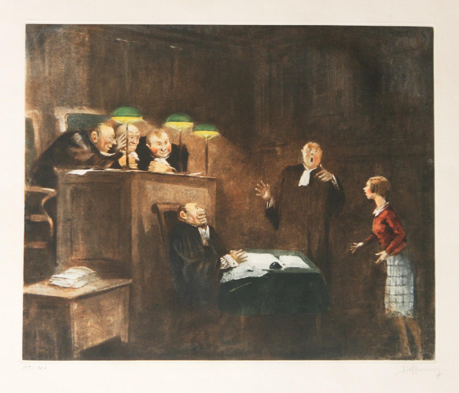 Three courtroom scenes original signed etchings by French artist Gaston Hoffman - Print by Gaston Hoffmann