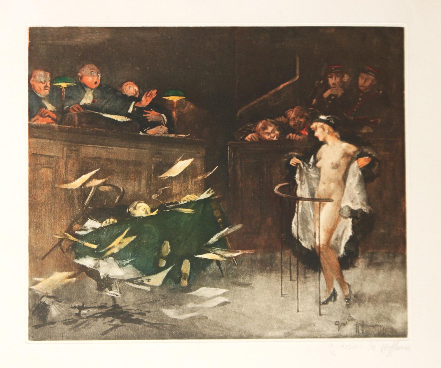       Der französische Künstler Gaston Hoffman. Hoffman ( 1883 - 1960 ) war ein Maler, Dekorateur, Karikaturist und Illustrator, der für seine satirischen französischen Gerichtsszenen bekannt ist. Hier gibt es drei zusammenhängende Szenen. Die erste